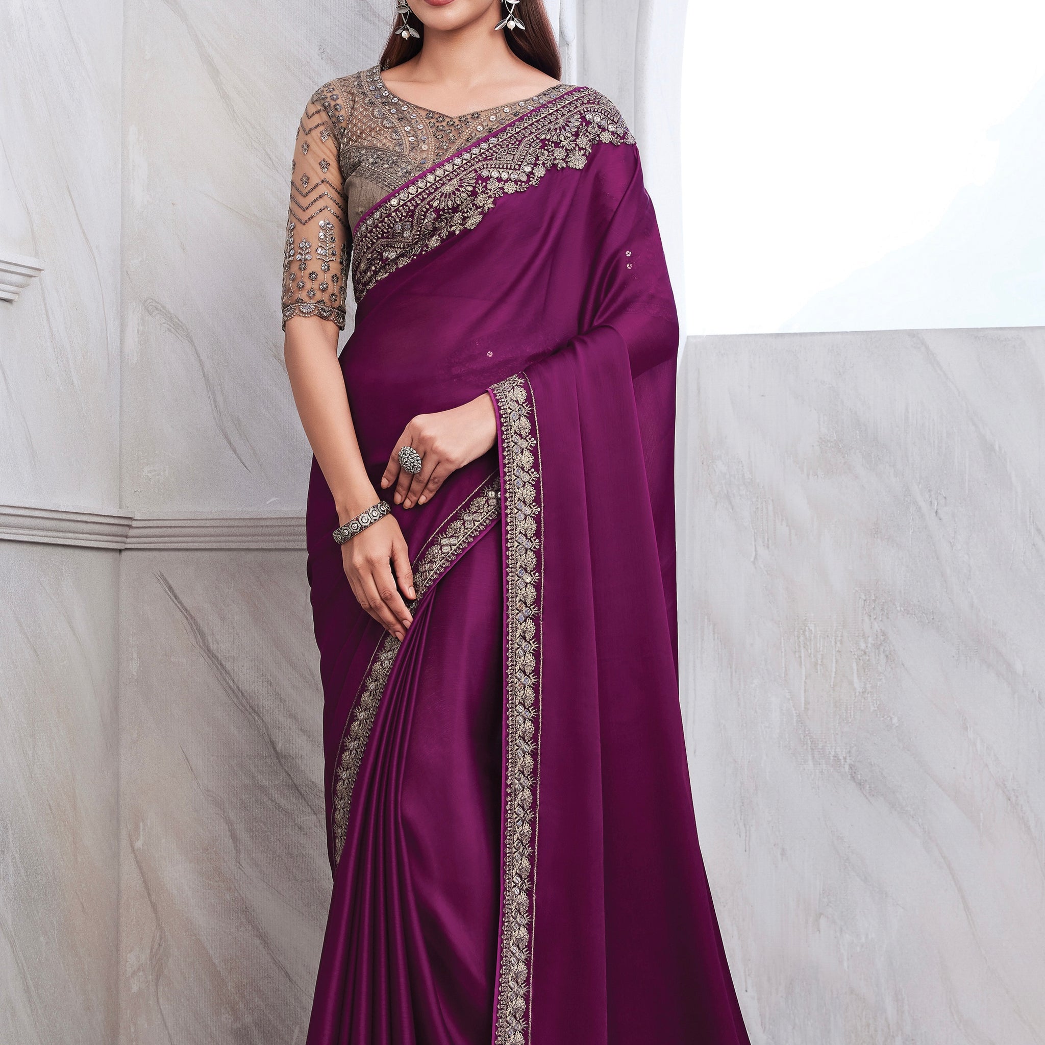 Purple Chiffon Silk Saree with Heavy Embroidery and Sequin Work