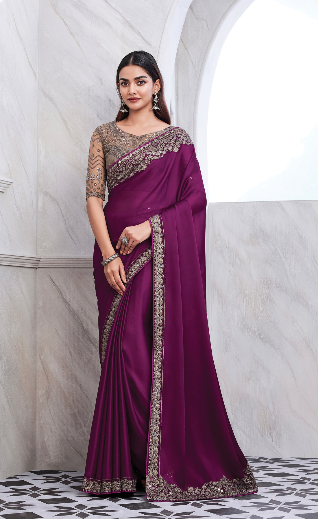 Purple Chiffon Silk Saree with Heavy Embroidery and Sequin Work