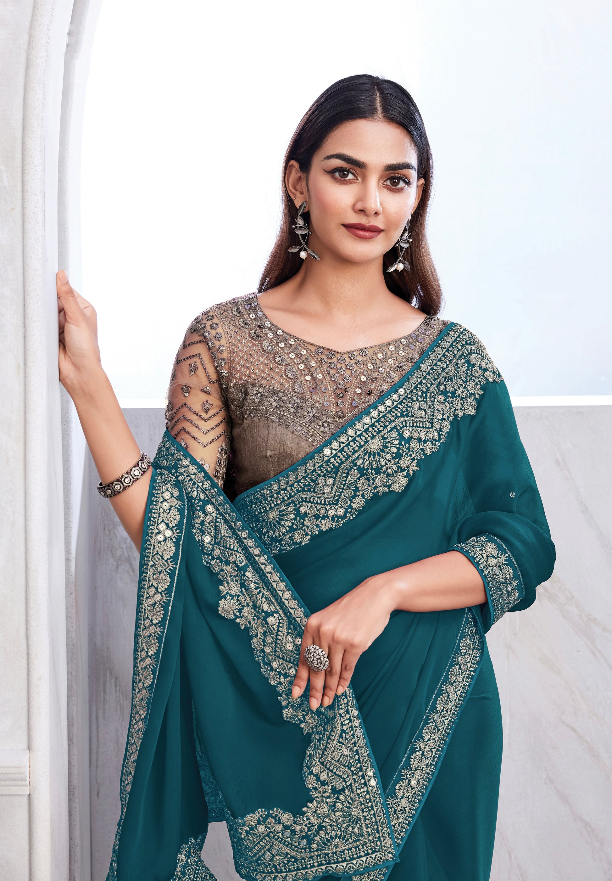 Teal Chiffon Silk Saree with Heavy Embroidery and Sequin Work