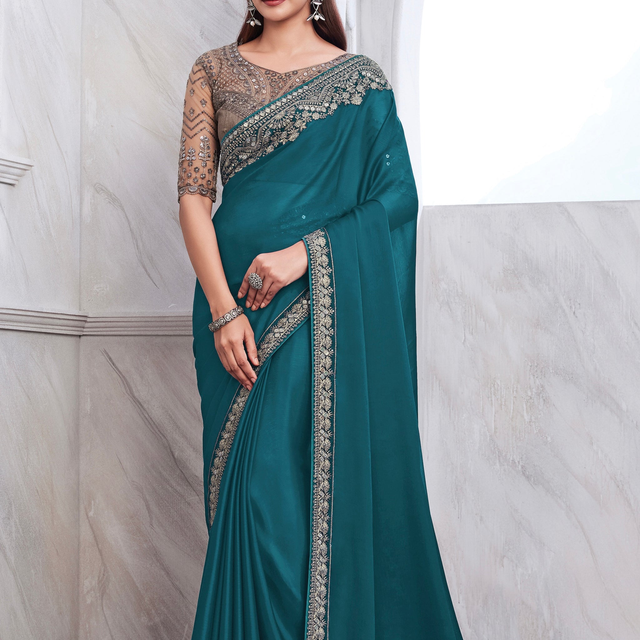 Teal Chiffon Silk Saree with Heavy Embroidery and Sequin Work