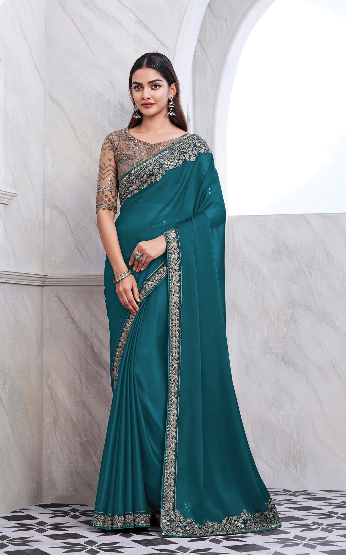 Teal Chiffon Silk Saree with Heavy Embroidery and Sequin Work