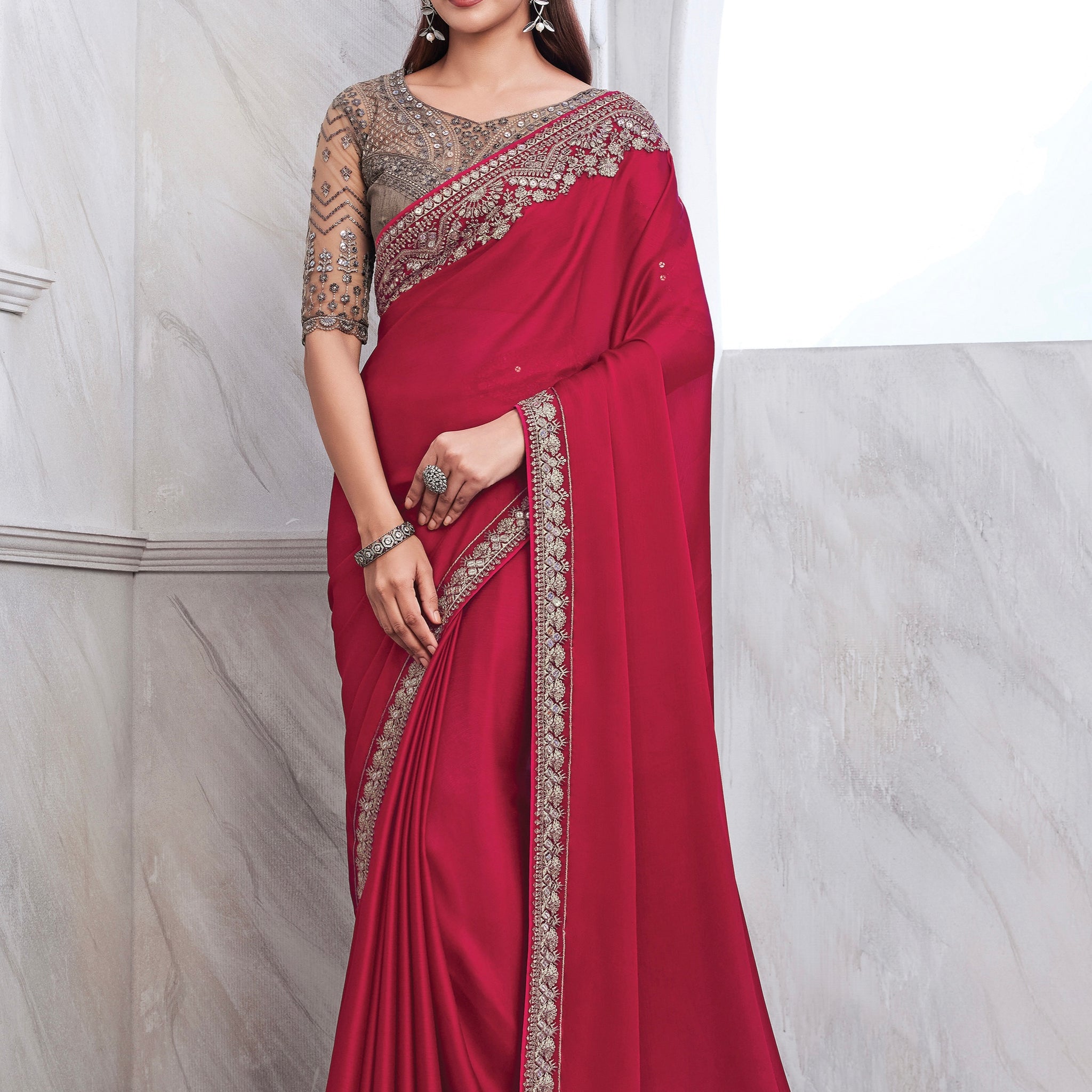 Red Chiffon Silk Saree with Heavy Embroidery and Sequin Work