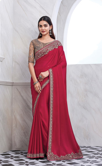 Red Chiffon Silk Saree with Heavy Embroidery and Sequin Work