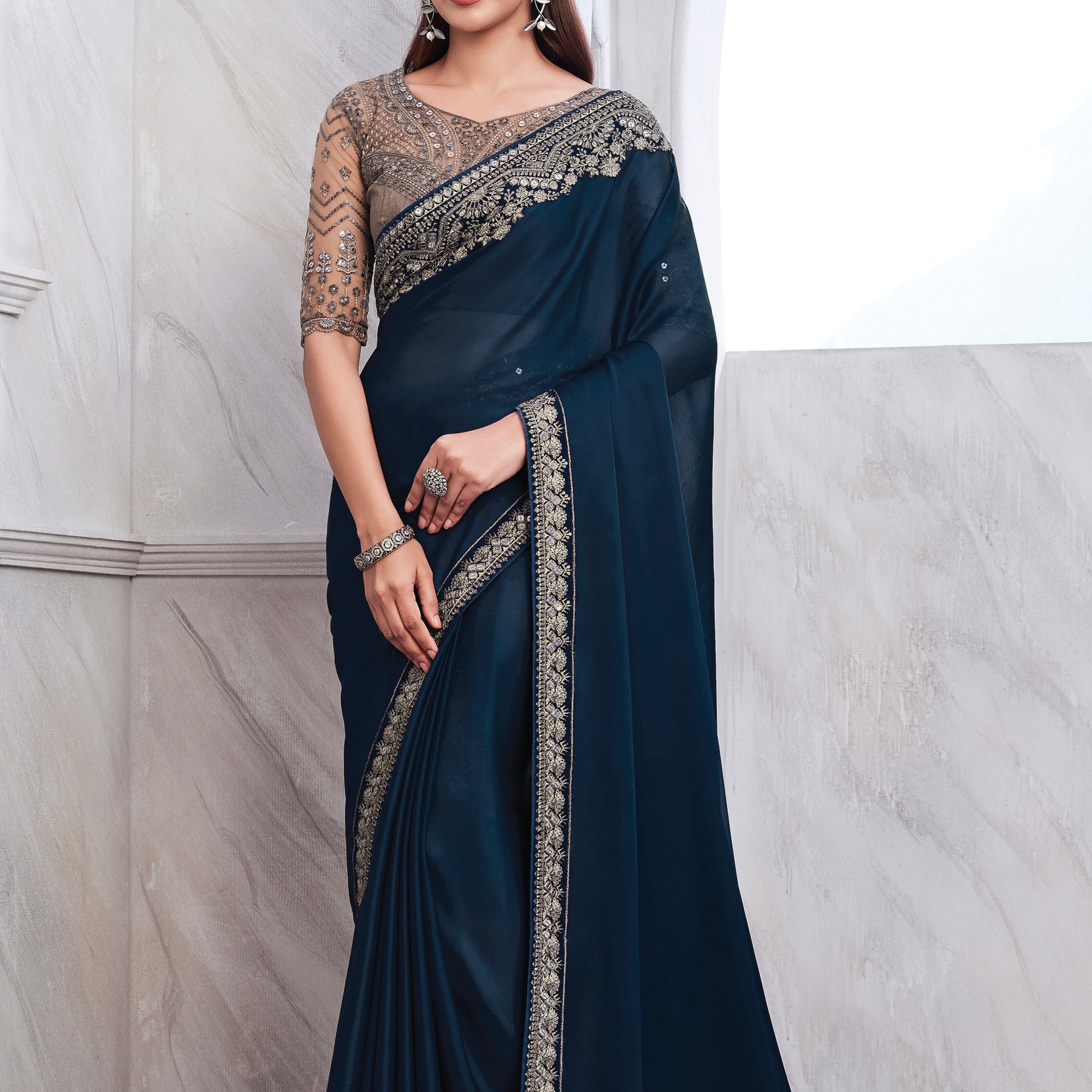 Navy Blue Chiffon Silk Saree with Heavy Embroidery and Sequin Work