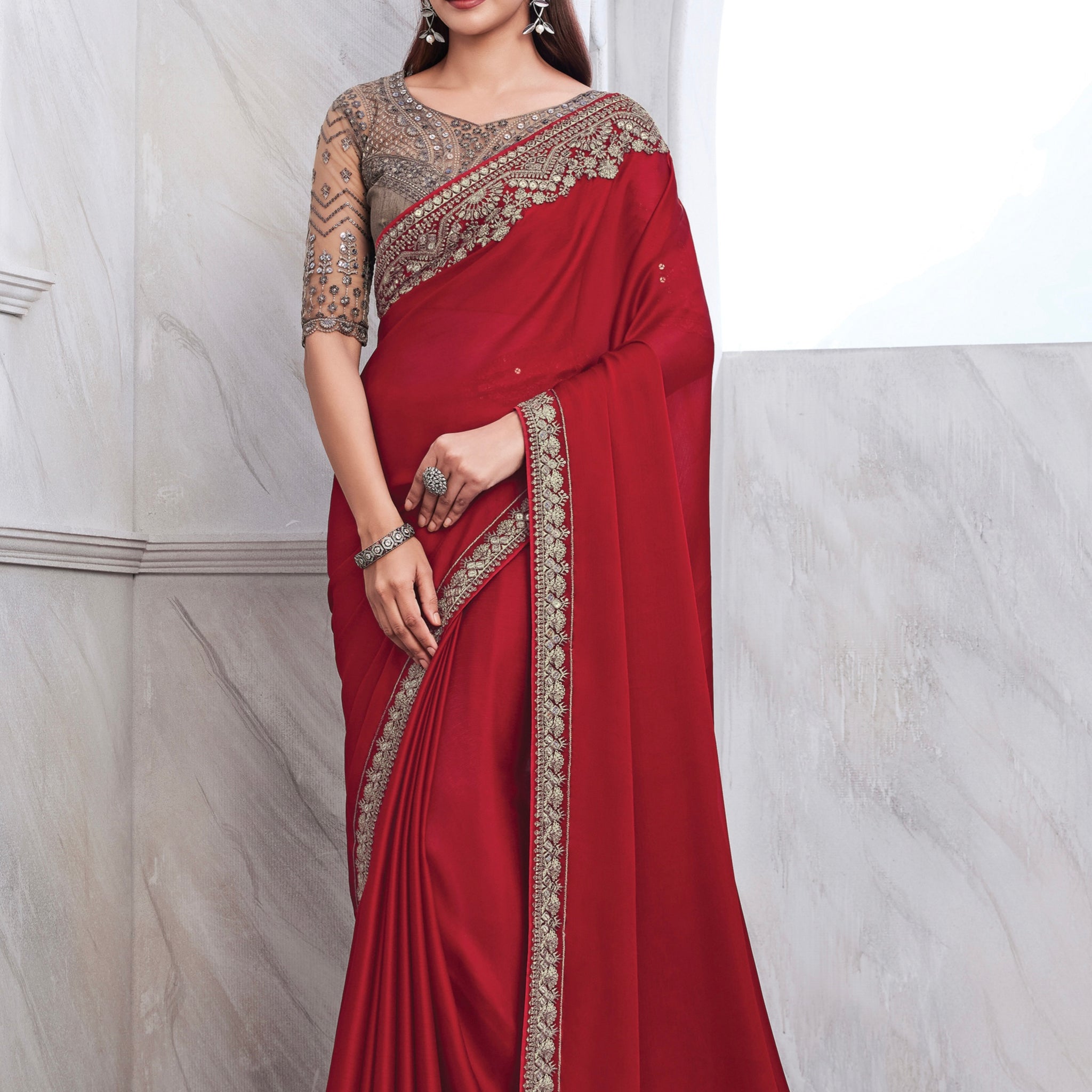 Maroon Chiffon Silk Saree with Heavy Embroidery and Sequin Work