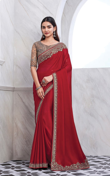 Maroon Chiffon Silk Saree with Heavy Embroidery and Sequin Work