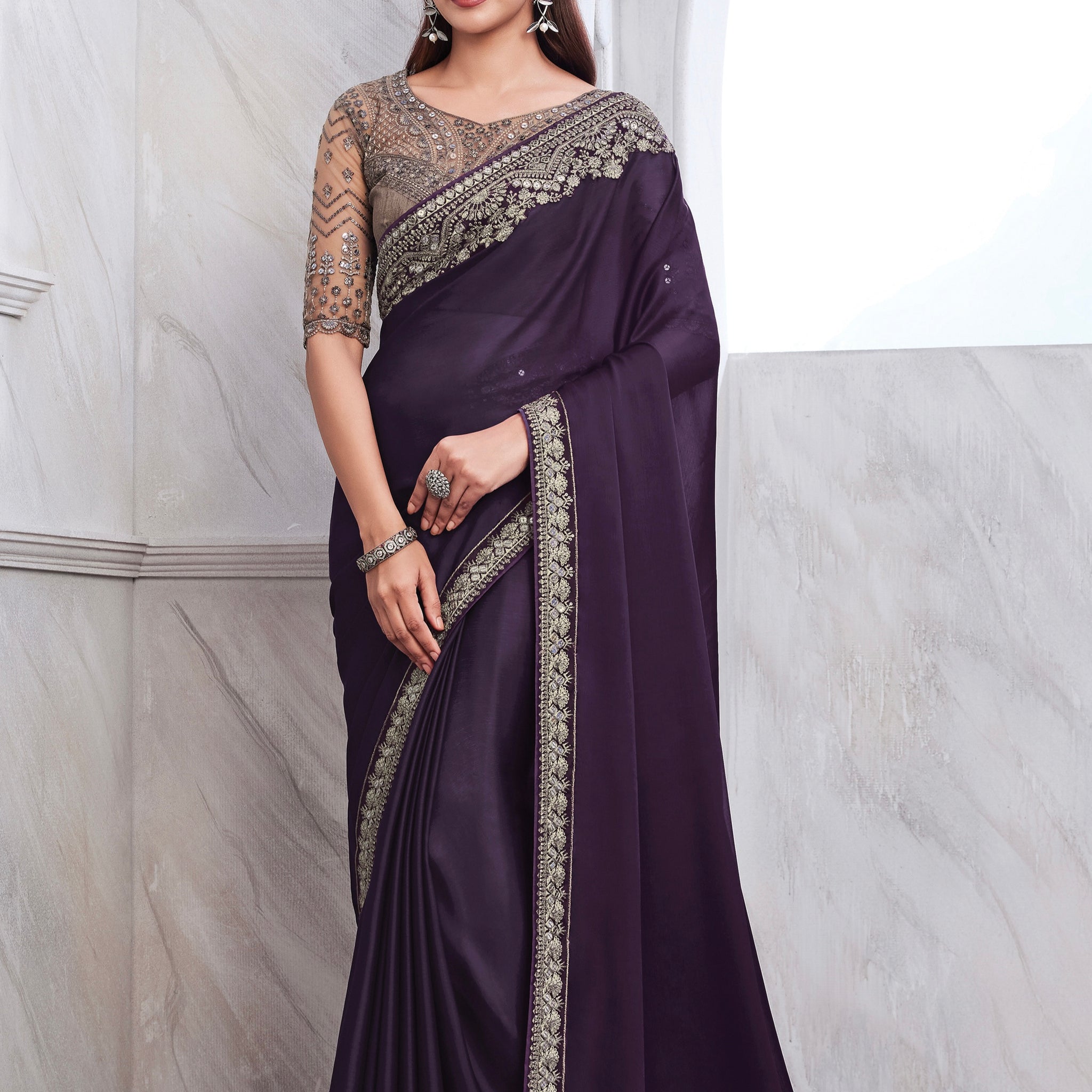 Purple Chiffon Silk Saree with Heavy Embroidery and Sequin Work