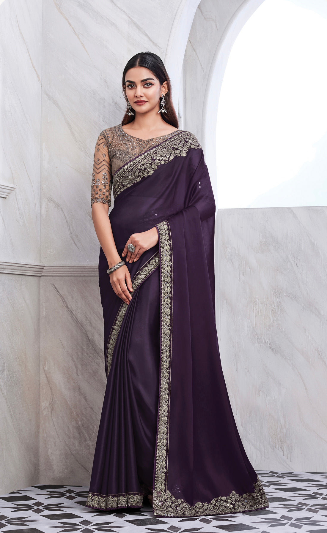 Purple Chiffon Silk Saree with Heavy Embroidery and Sequin Work