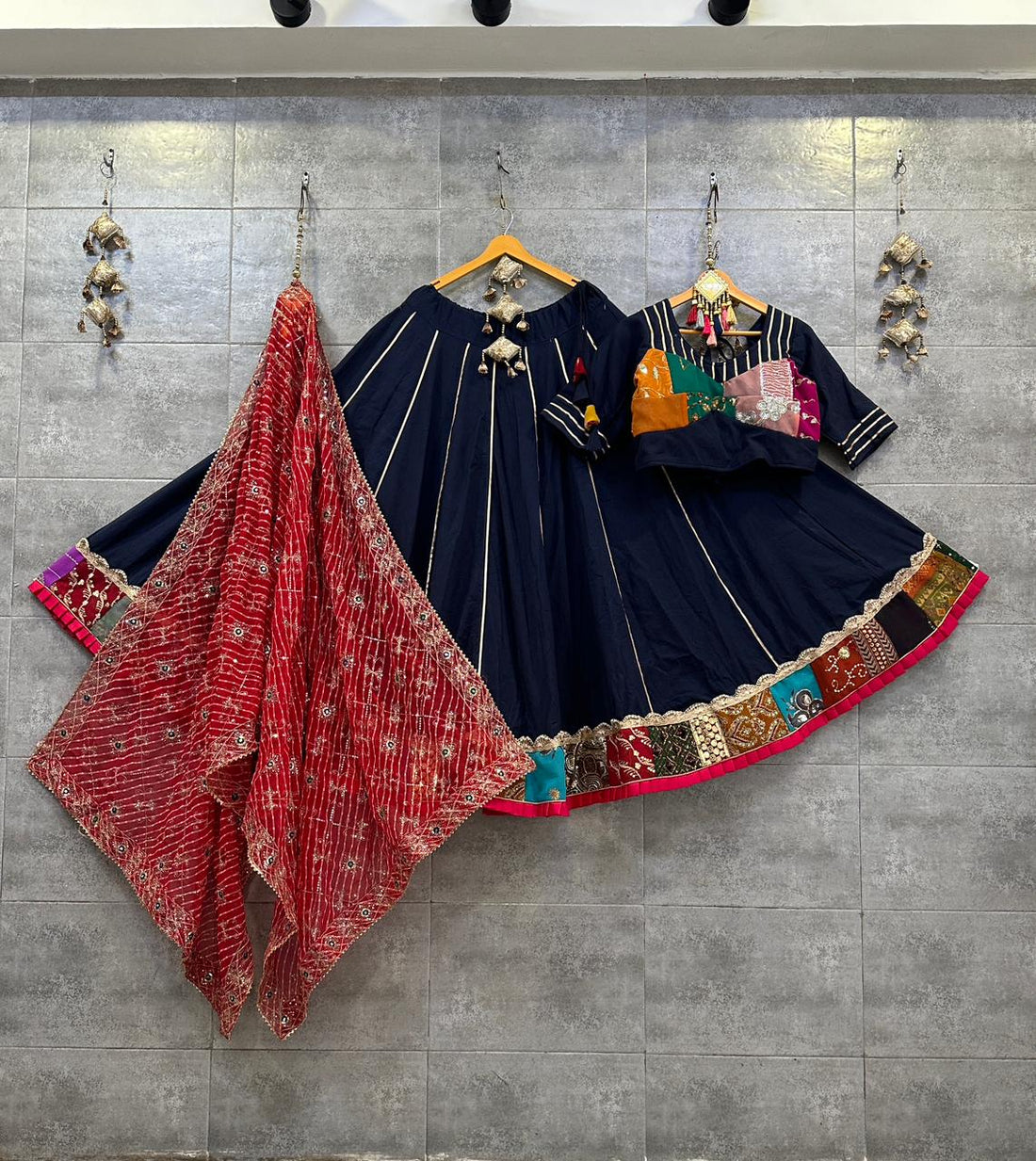 Navaratri Cotton Hand Mirror Work Lehenga Choli