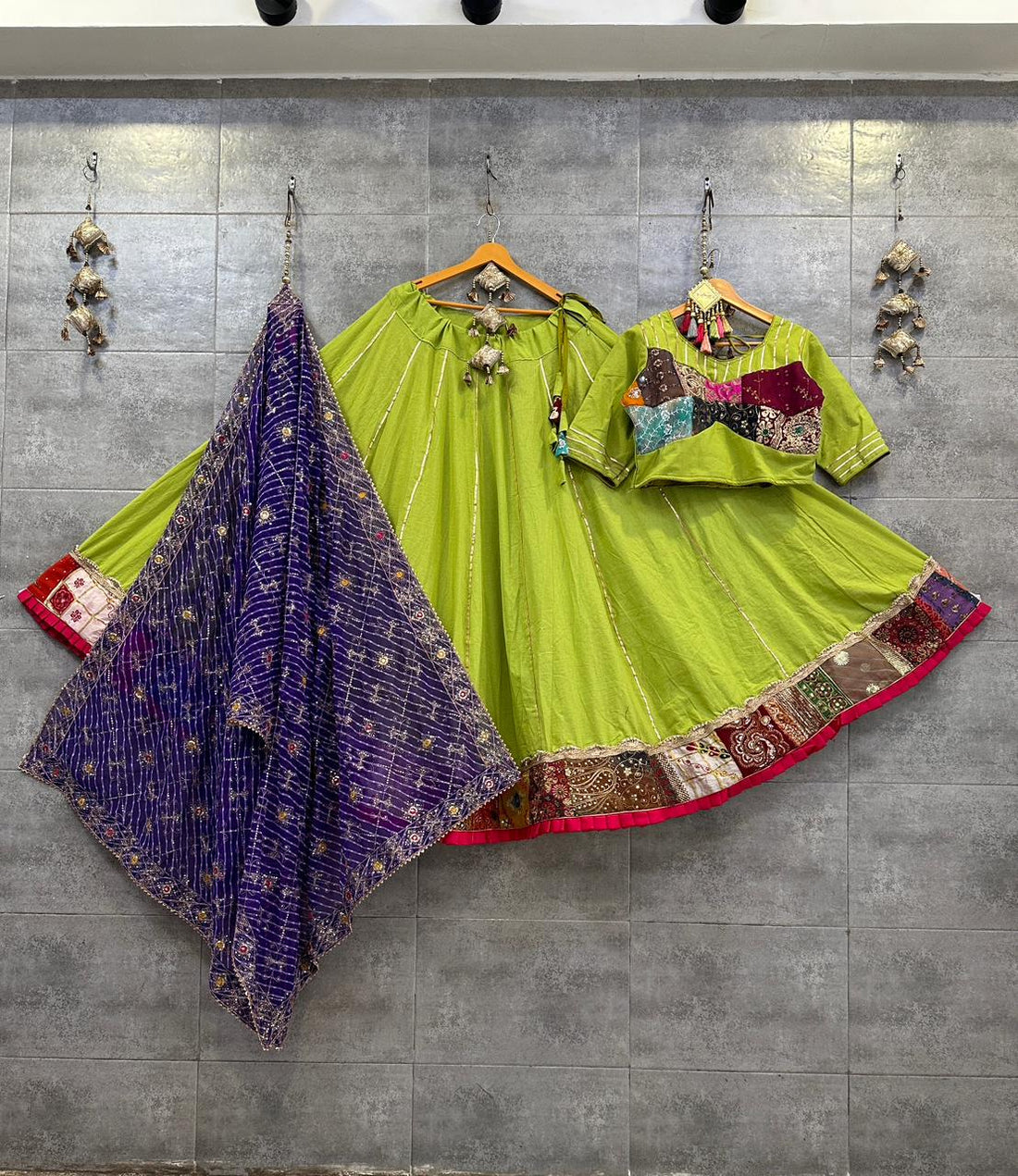 Navaratri Cotton Hand Mirror Work Lehenga Choli