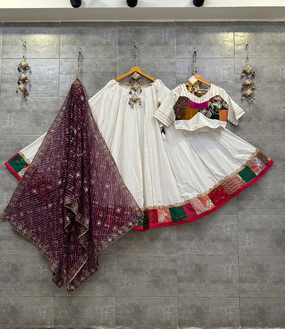 Navaratri Cotton Hand Mirror Work Lehenga Choli