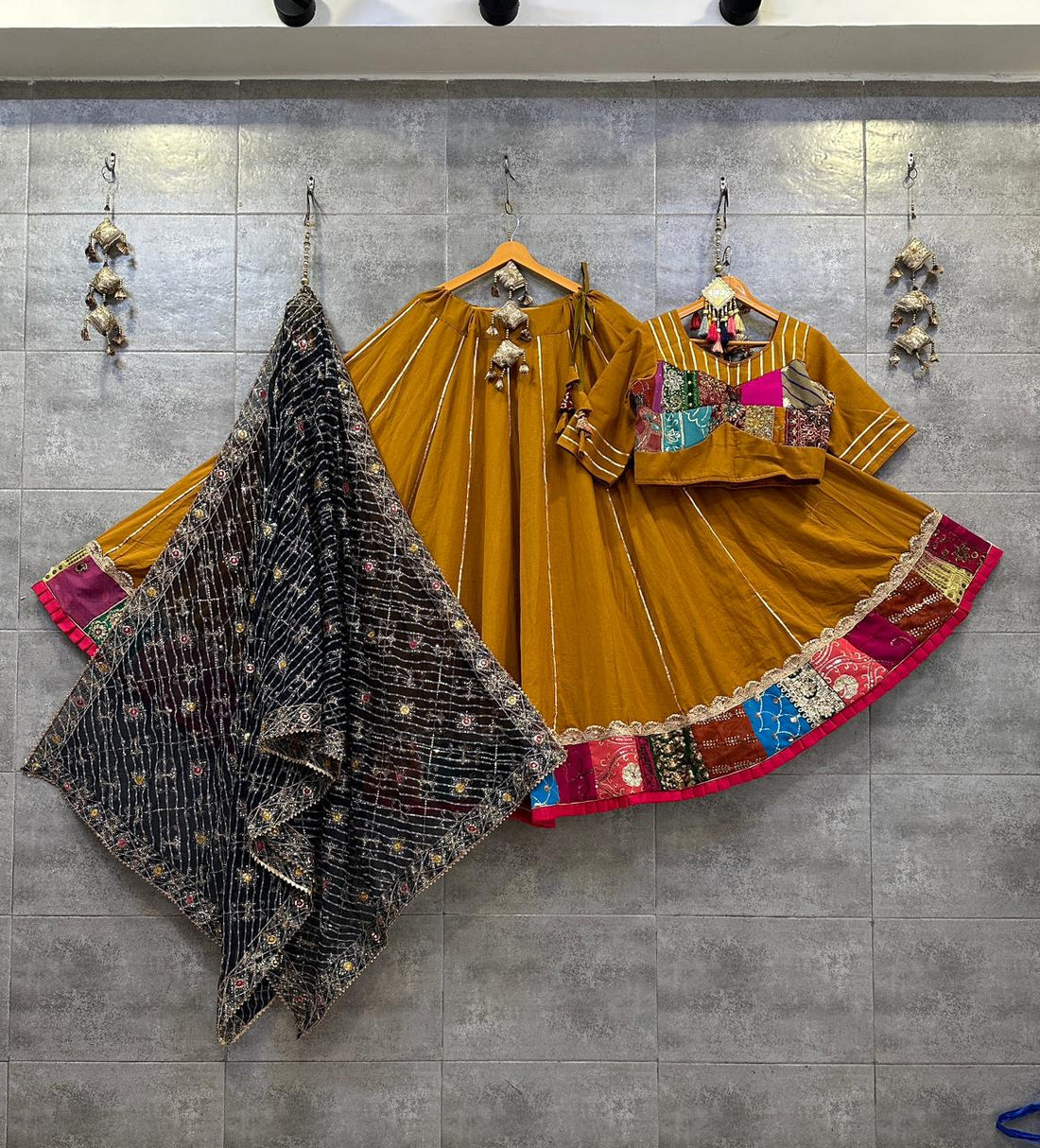 Navaratri Cotton Hand Mirror Work Lehenga Choli