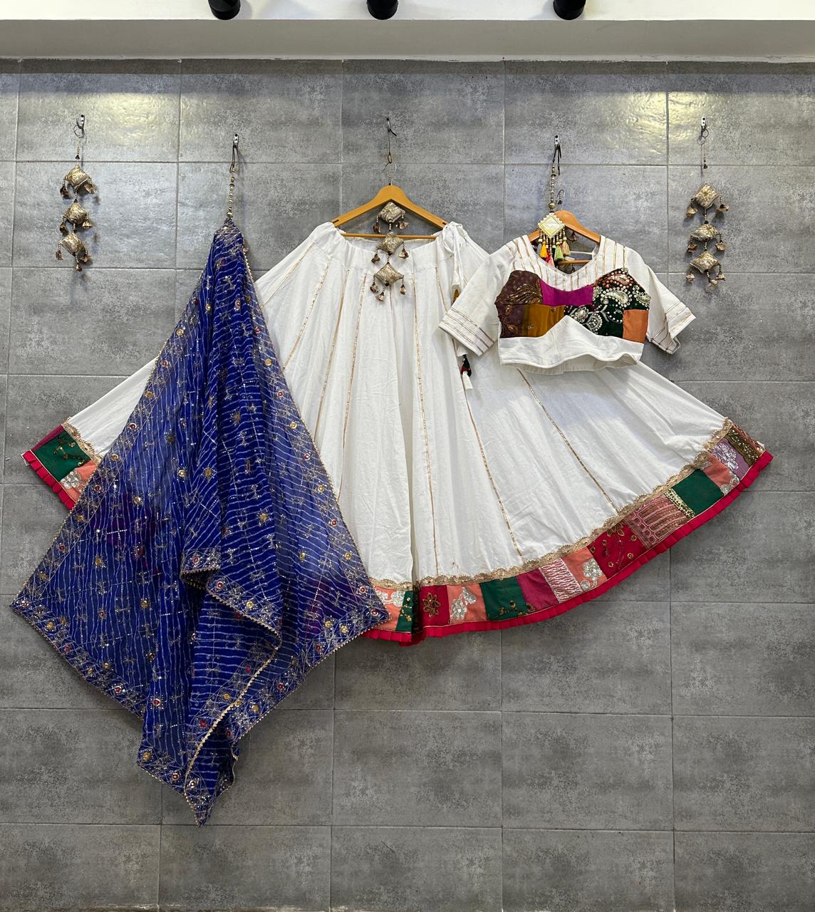 Navaratri Cotton Hand Mirror Work Lehenga Choli