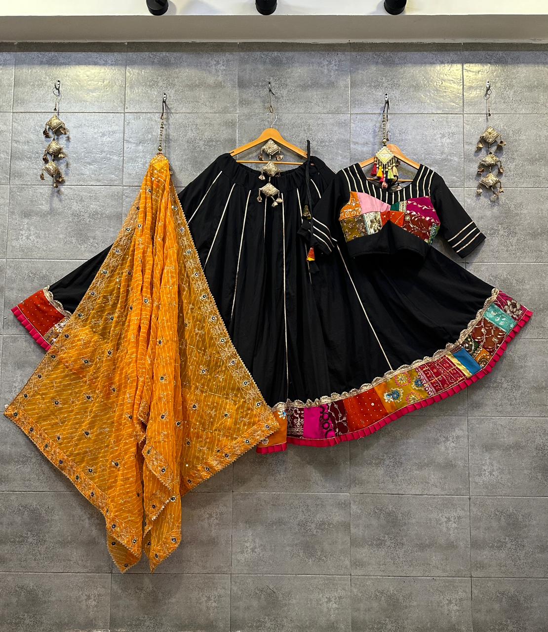 Navaratri Cotton Hand Mirror Work Lehenga Choli