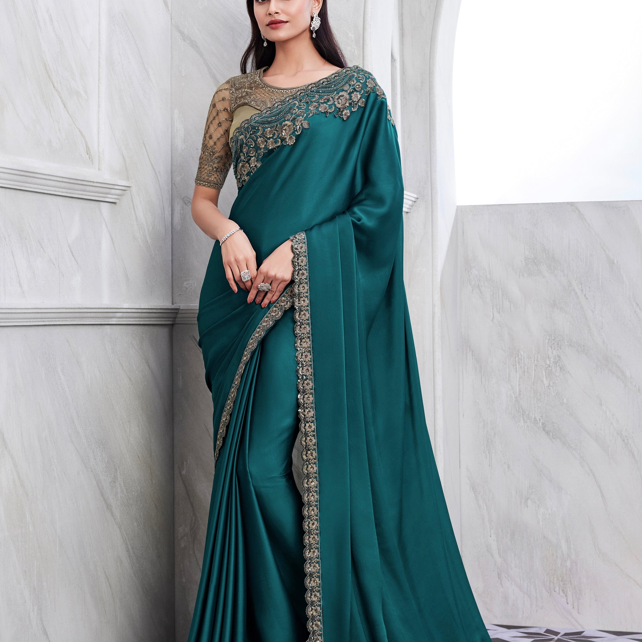 Teal Walnut Silk Saree with Heavy Embroidery and Sequin Work