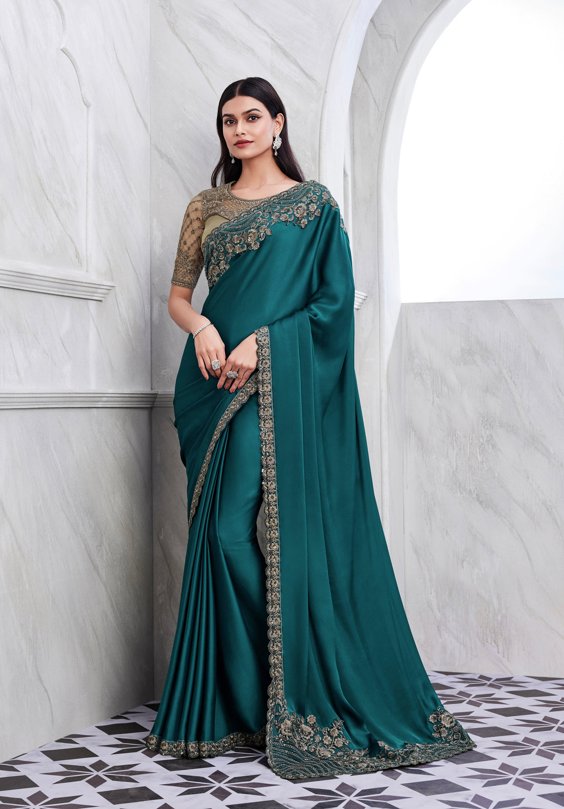 Teal Walnut Silk Saree with Heavy Embroidery and Sequin Work