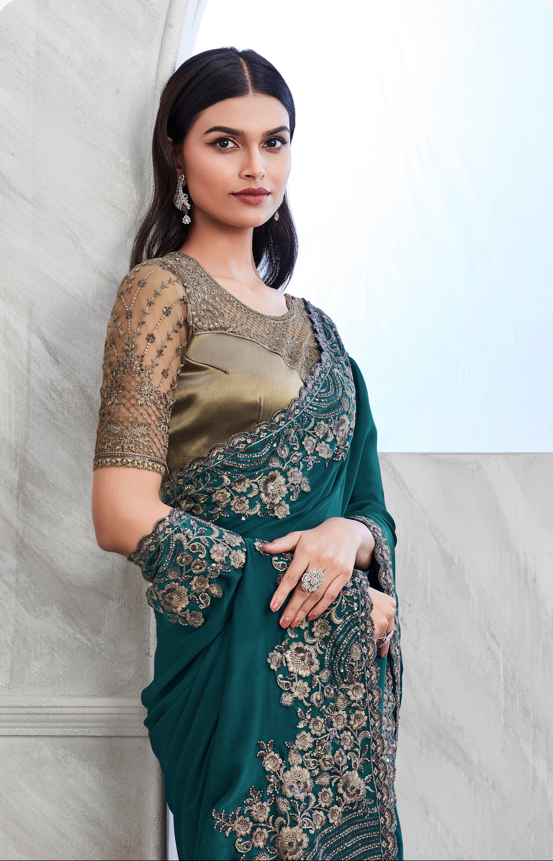 Teal Walnut Silk Saree with Heavy Embroidery and Sequin Work