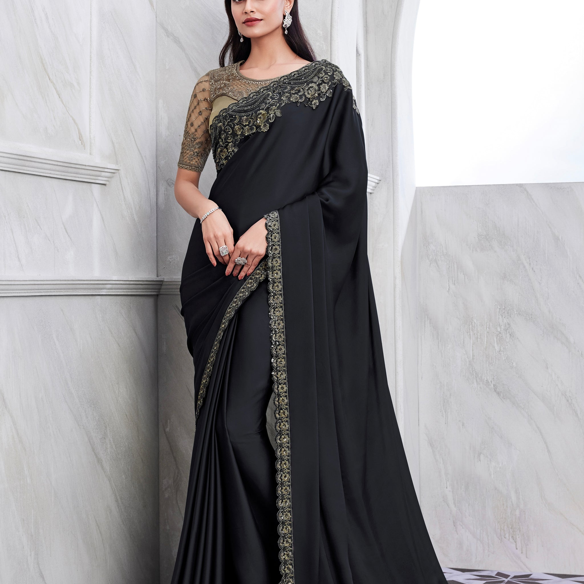 Black Walnut Silk Saree with Heavy Embroidery and Sequin Work