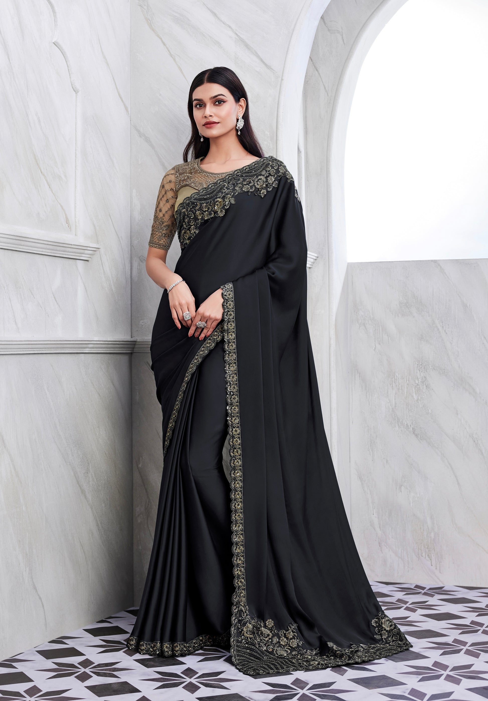 Black Walnut Silk Saree with Heavy Embroidery and Sequin Work