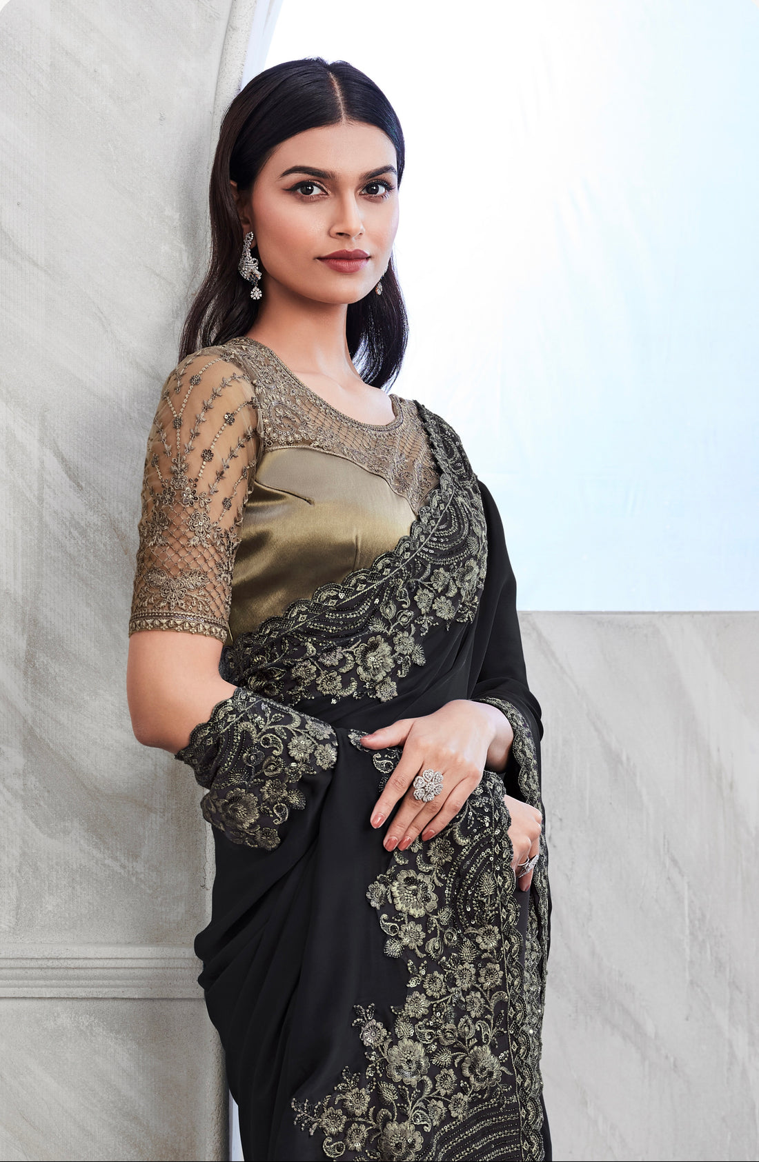 Black Walnut Silk Saree with Heavy Embroidery and Sequin Work