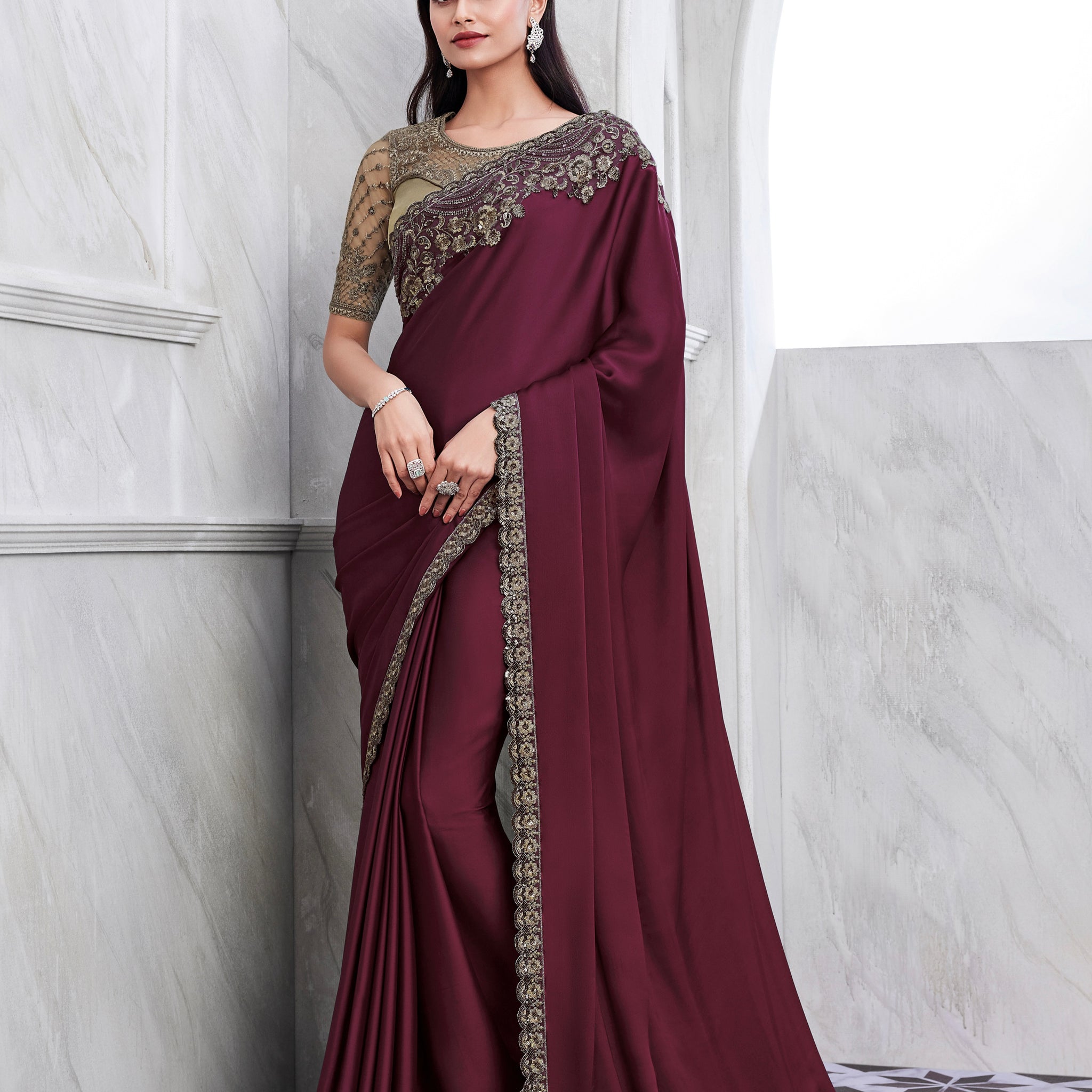 Maroon Walnut Silk Saree with Heavy Embroidery and Sequin Work