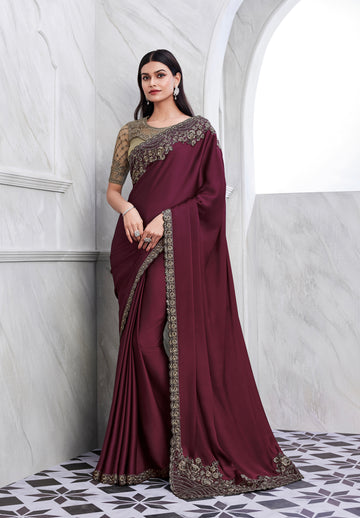 Maroon Walnut Silk Saree with Heavy Embroidery and Sequin Work