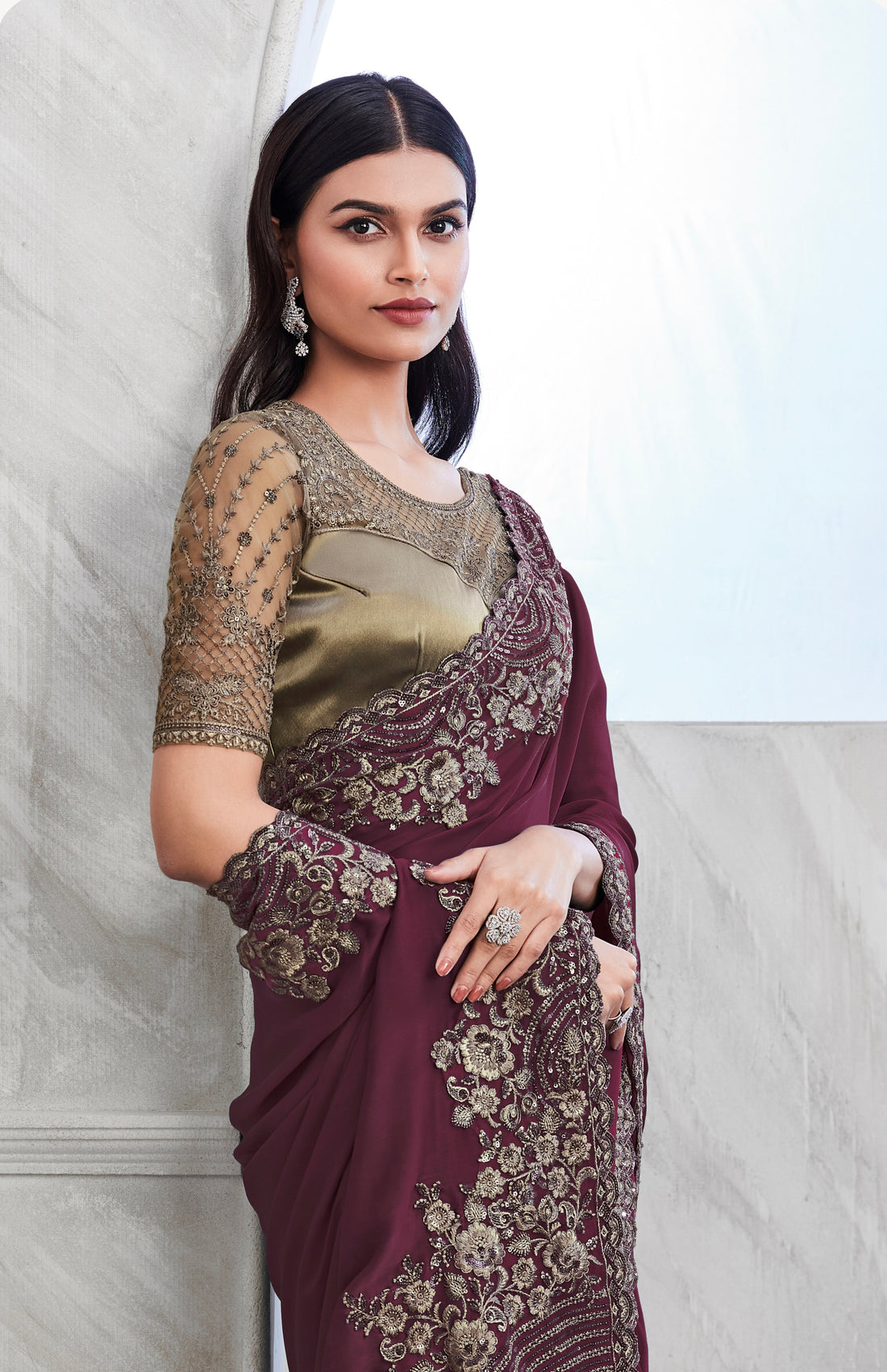 Maroon Walnut Silk Saree with Heavy Embroidery and Sequin Work