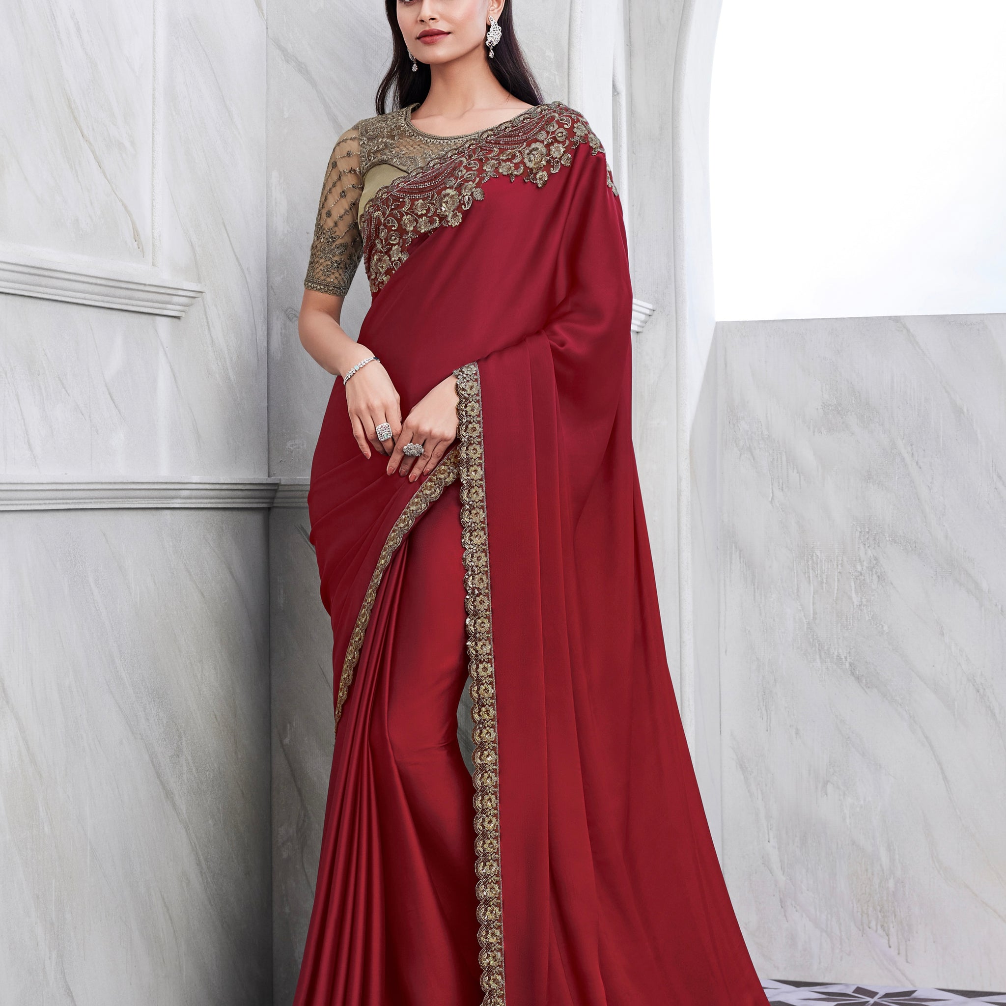 Burgundy Walnut Silk Saree with Heavy Embroidery and Sequin Work