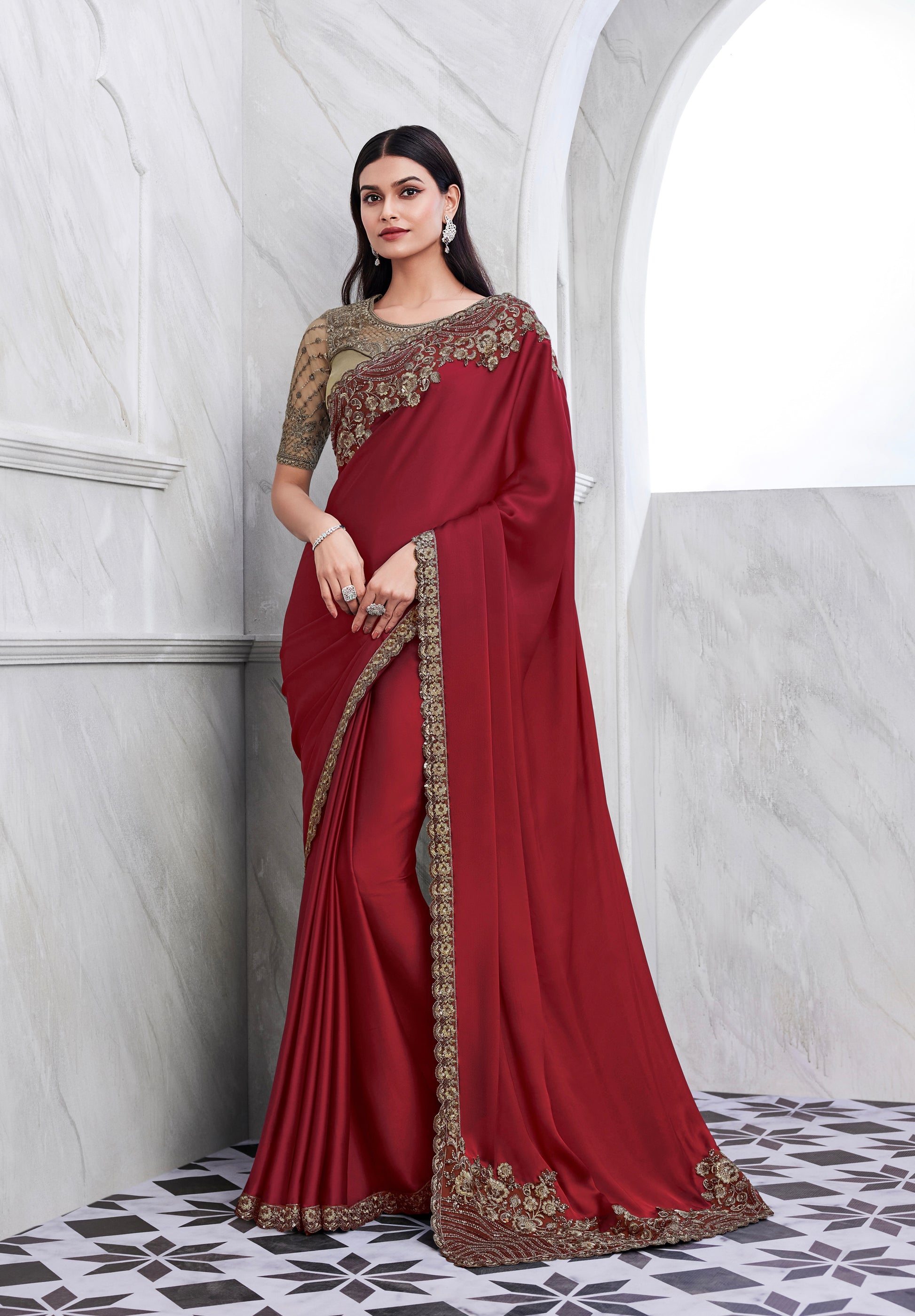 Burgundy Walnut Silk Saree with Heavy Embroidery and Sequin Work