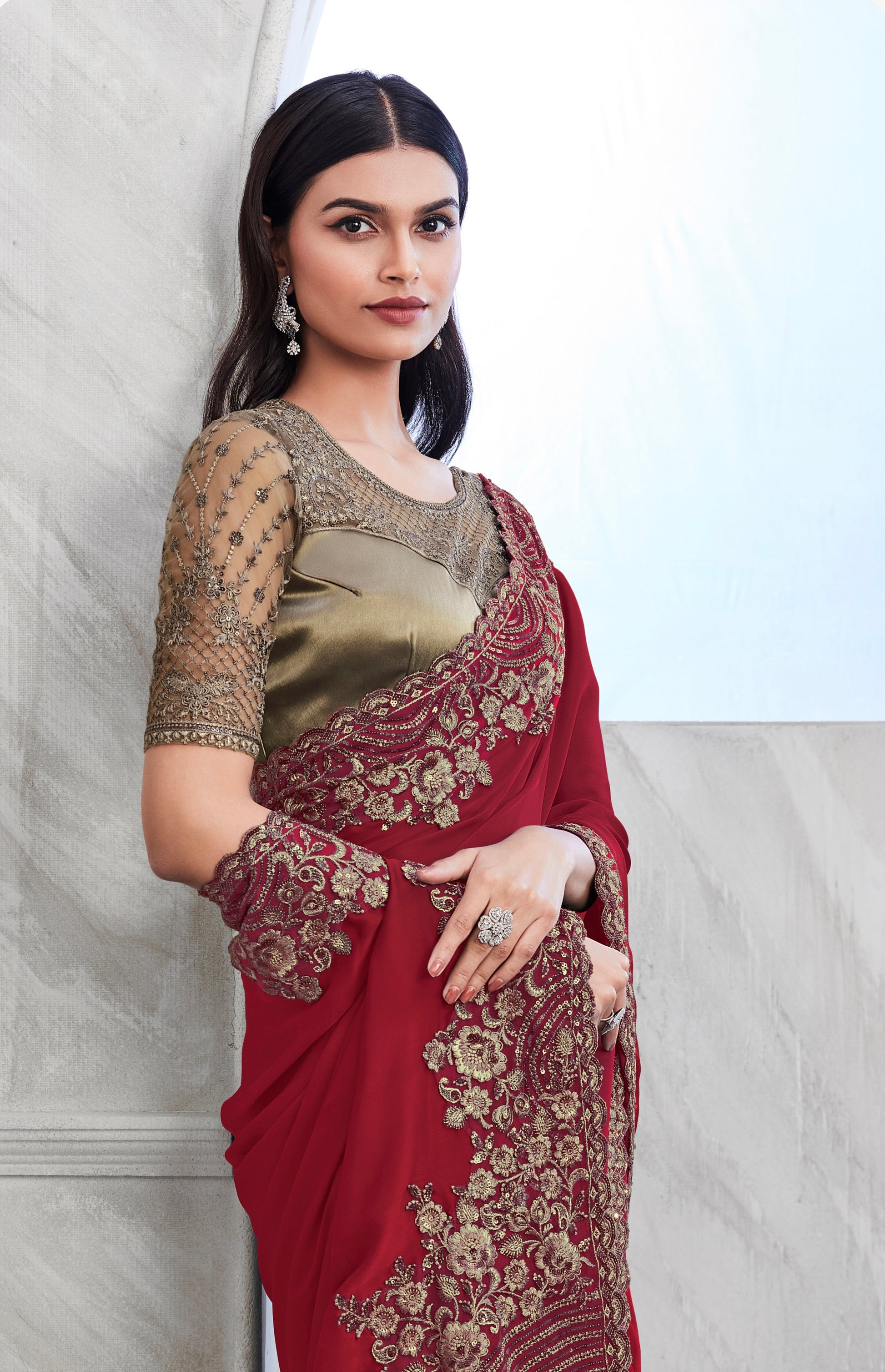 Burgundy Walnut Silk Saree with Heavy Embroidery and Sequin Work