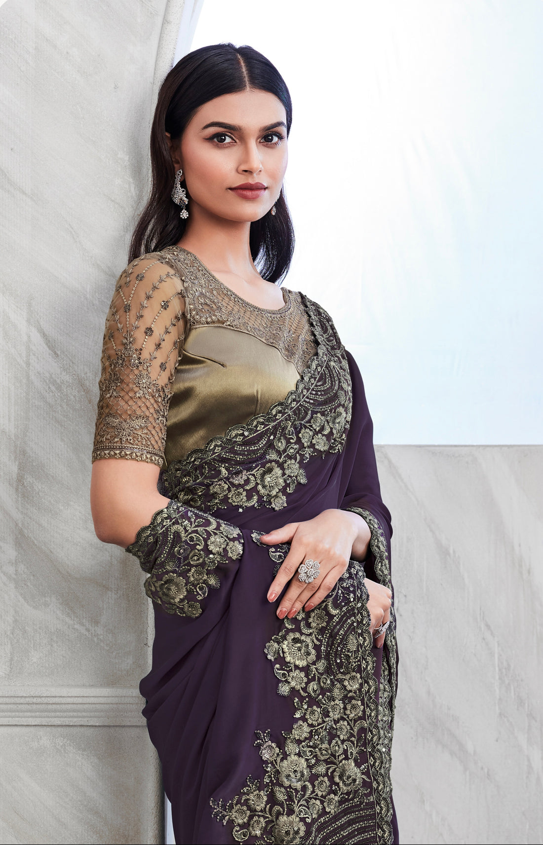 Plum Walnut Silk Saree with Heavy Embroidery and Sequin Work