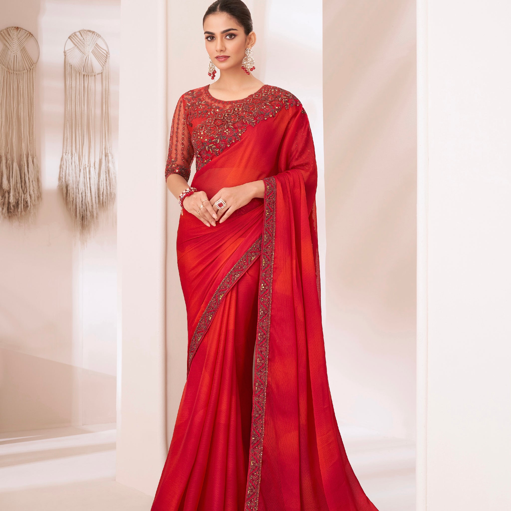 Red Shaded Silver Chiffon Saree with Banglori Silk Blouse