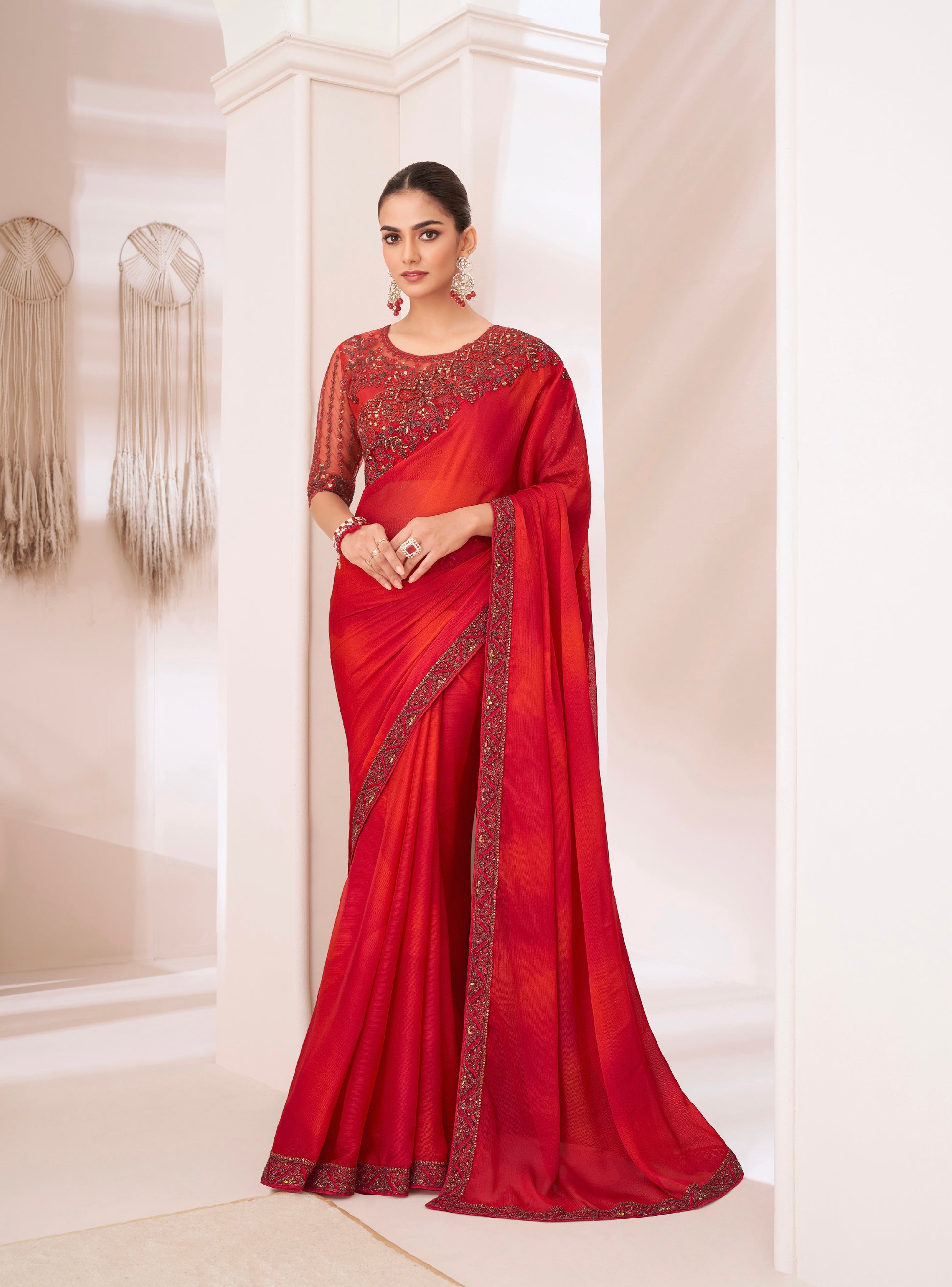 Red Shaded Silver Chiffon Saree with Banglori Silk Blouse