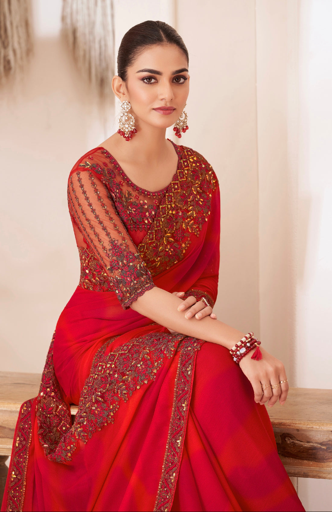 Red Shaded Silver Chiffon Saree with Banglori Silk Blouse