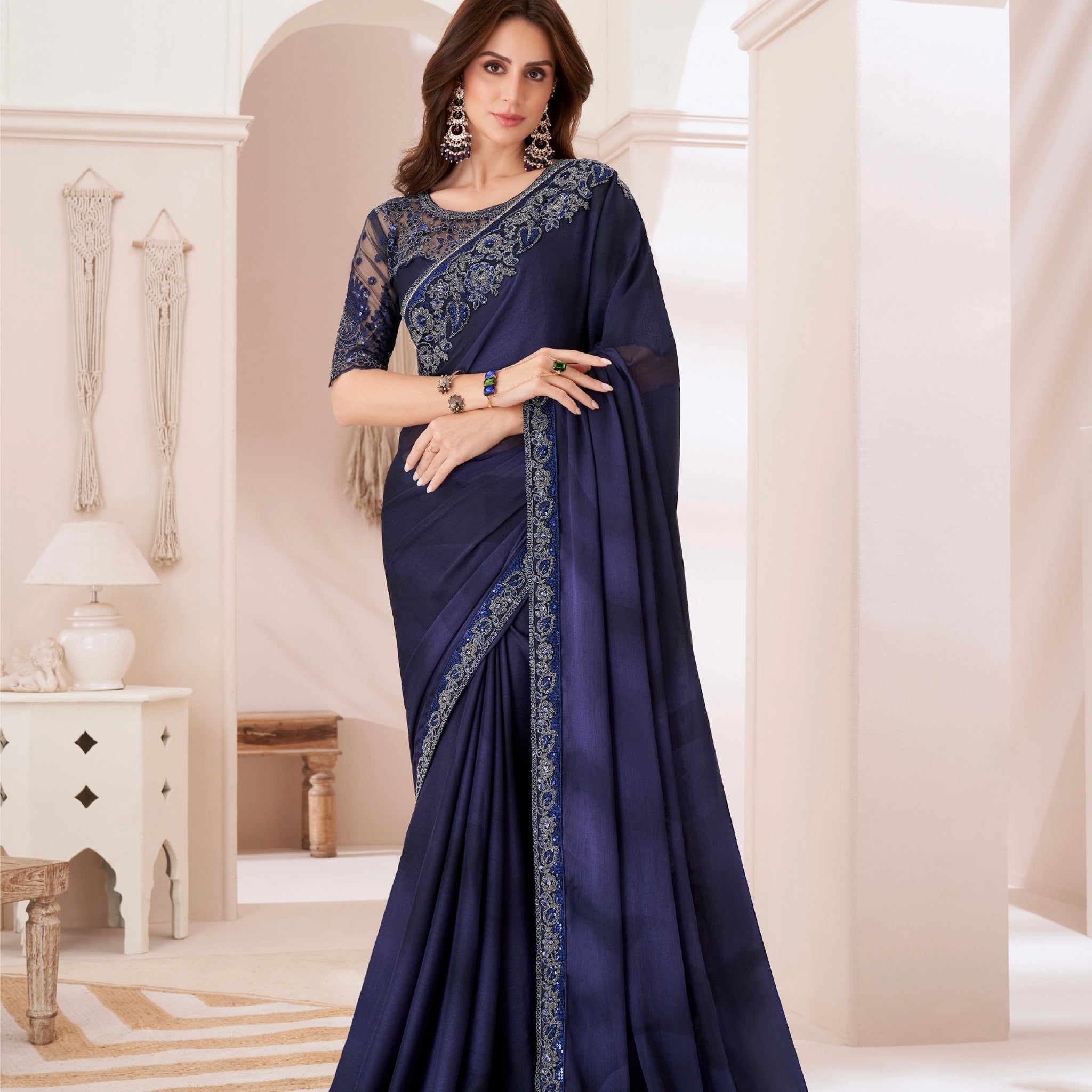 Navy Blue Shaded Silver Chiffon Saree with Banglori Silk Blouse