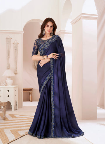 Navy Blue Shaded Silver Chiffon Saree with Banglori Silk Blouse