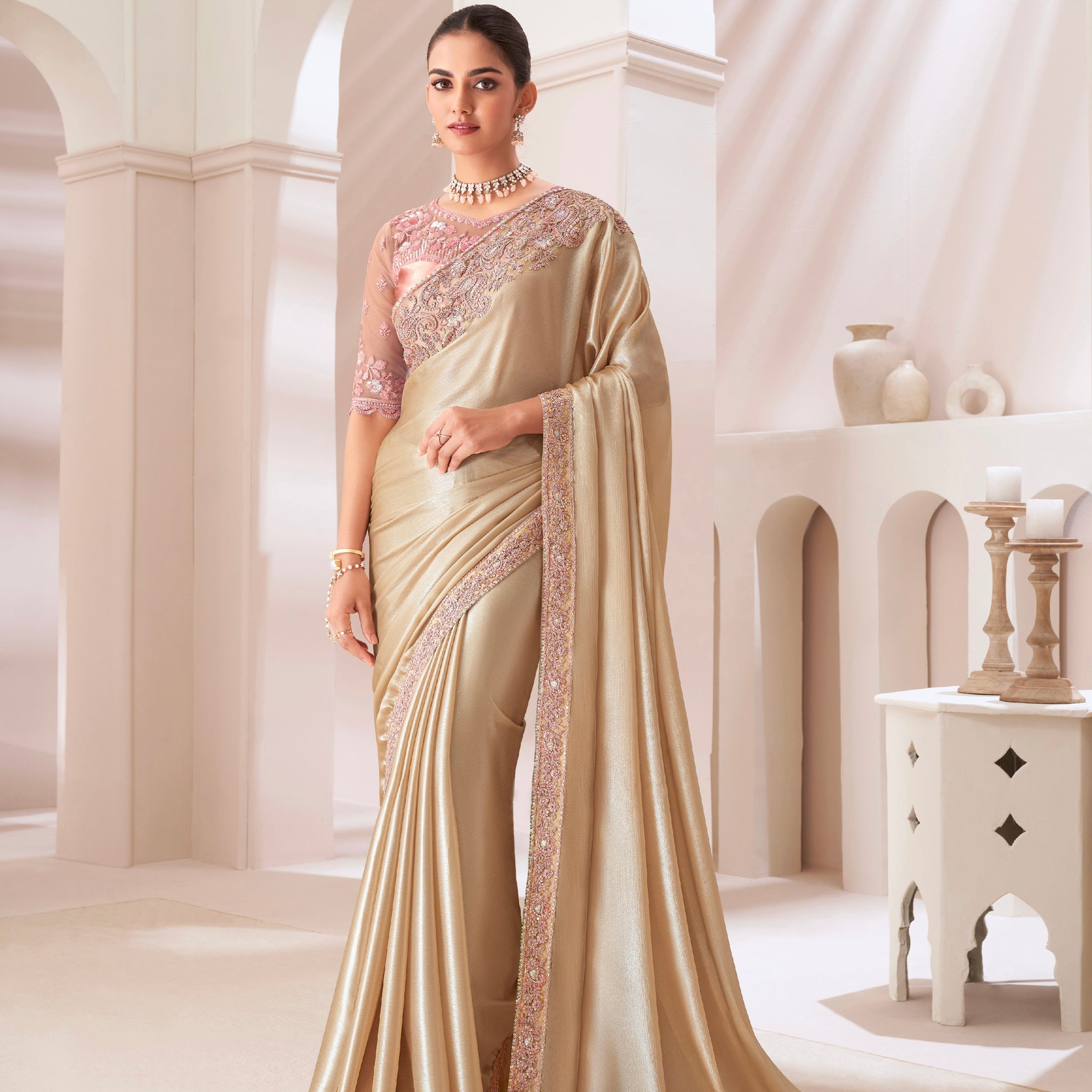 Gold Satin Chiffon Saree with Satin Silk Blouse