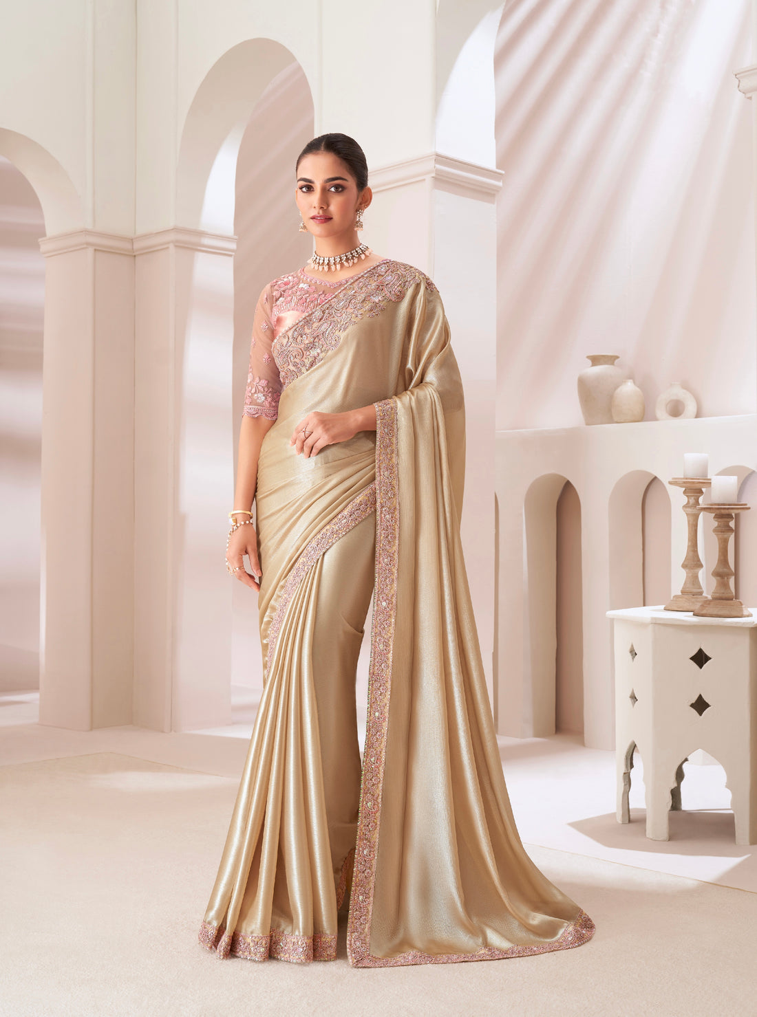 Gold Satin Chiffon Saree with Satin Silk Blouse