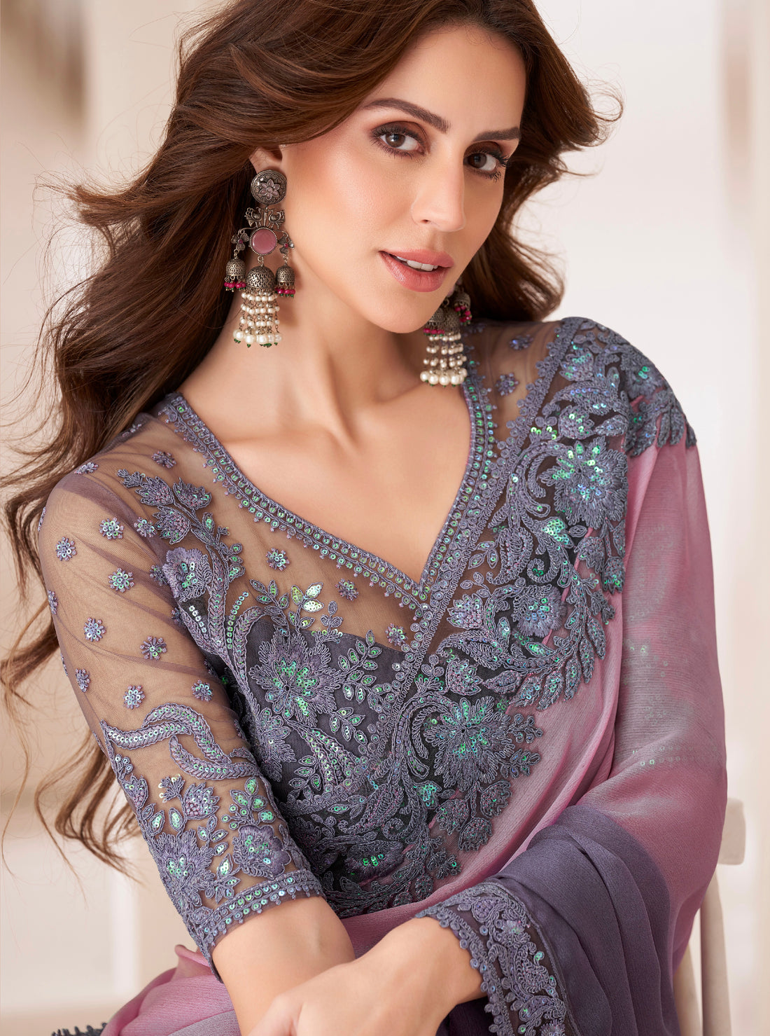 Pink and Lavender Shaded Chiffon Saree with Banglori Silk Blouse