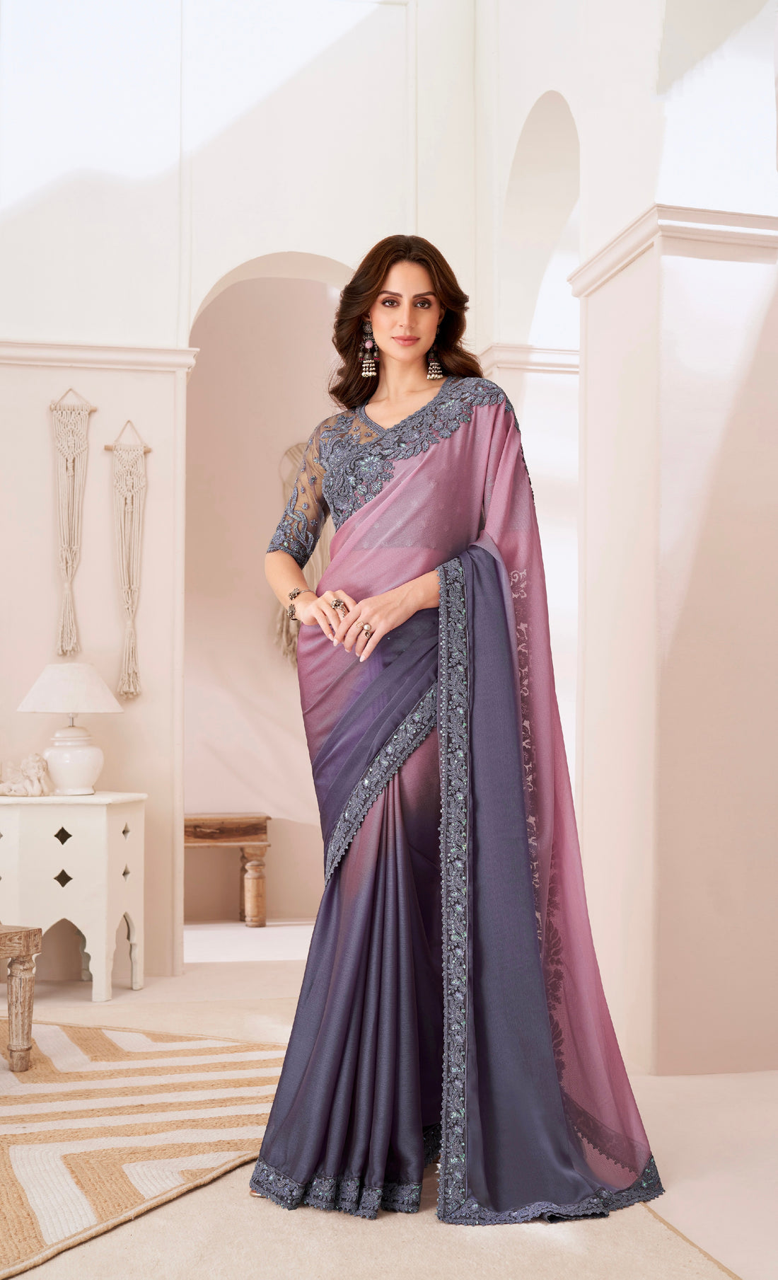 Pink and Lavender Shaded Chiffon Saree with Banglori Silk Blouse