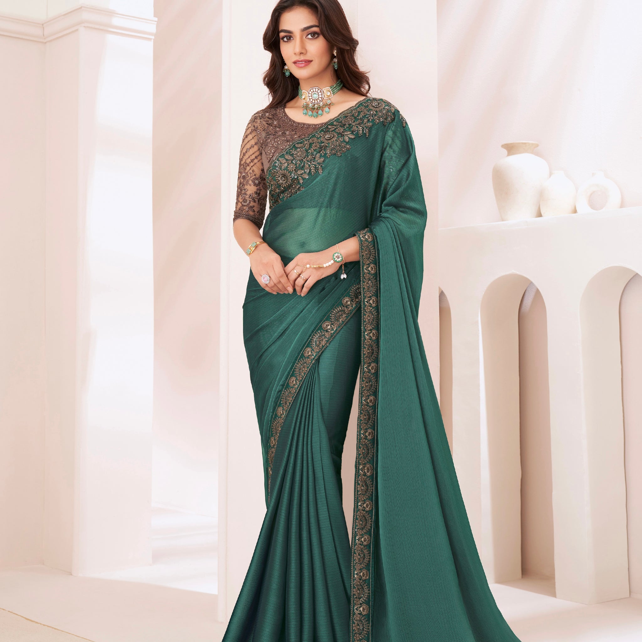 Teal Green Silk Pattern Georgette Saree with Banglori Silk Blouse