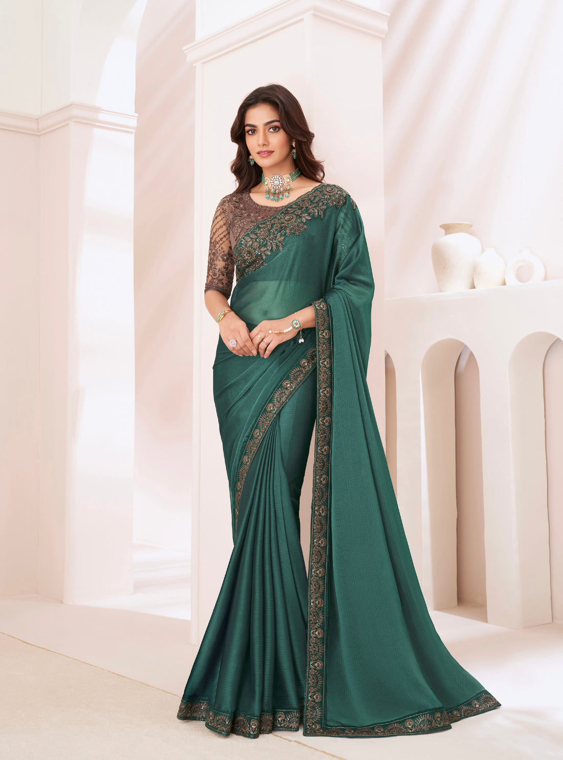 Teal Green Silk Pattern Georgette Saree with Banglori Silk Blouse