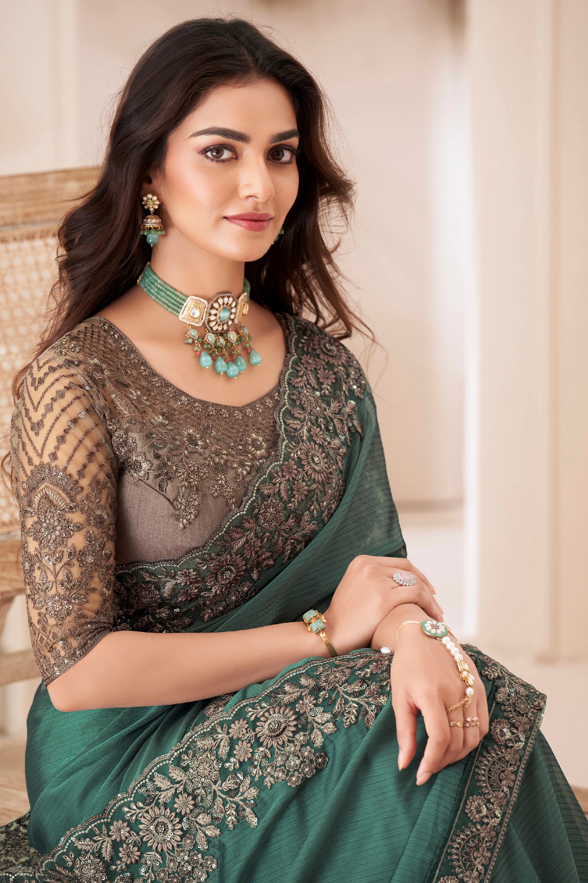 Teal Green Silk Pattern Georgette Saree with Banglori Silk Blouse