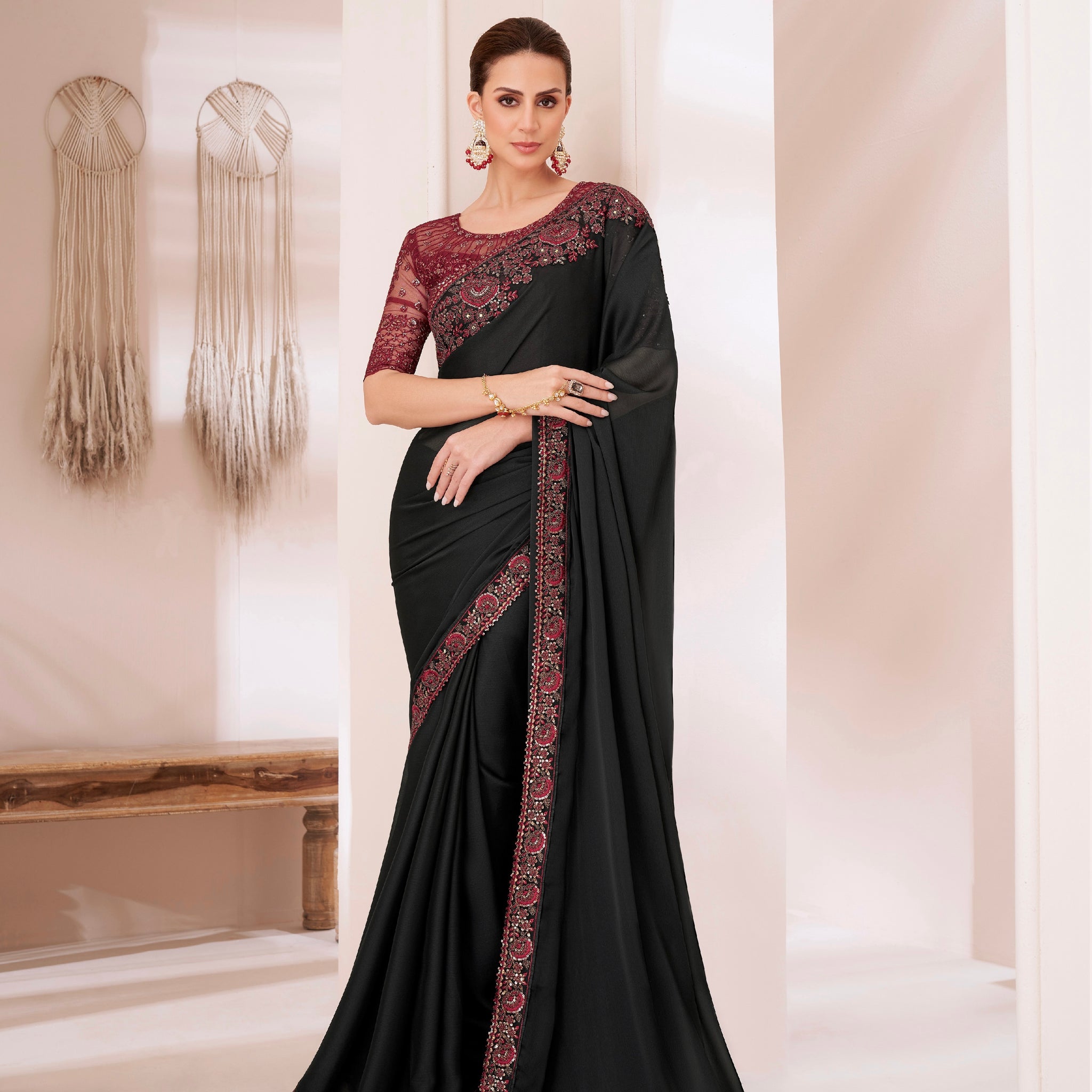 Black Silk Chiffon Saree with Banglori Silk Blouse