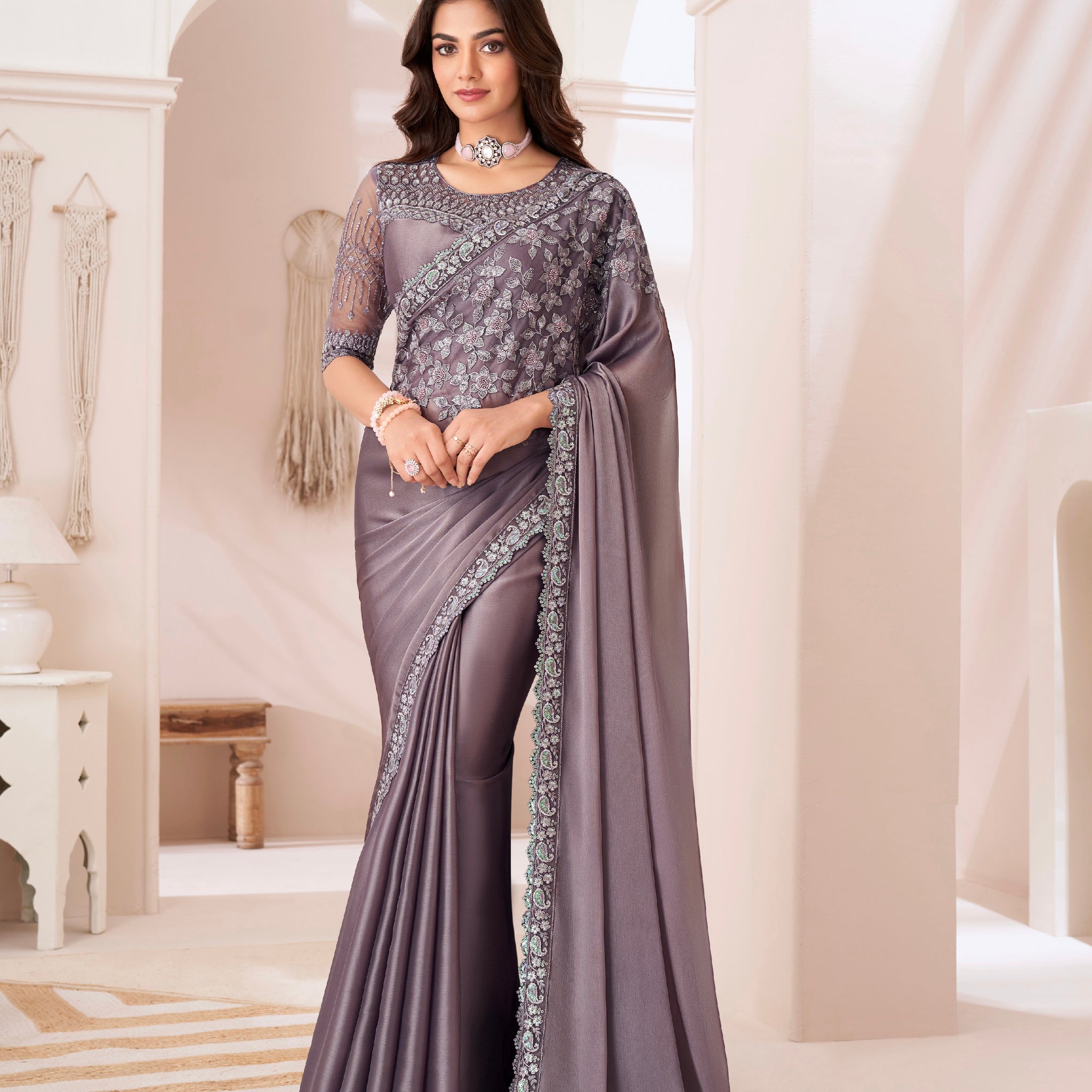 Lavender Golden Sparkle Satin Silk Saree with Satin Blouse