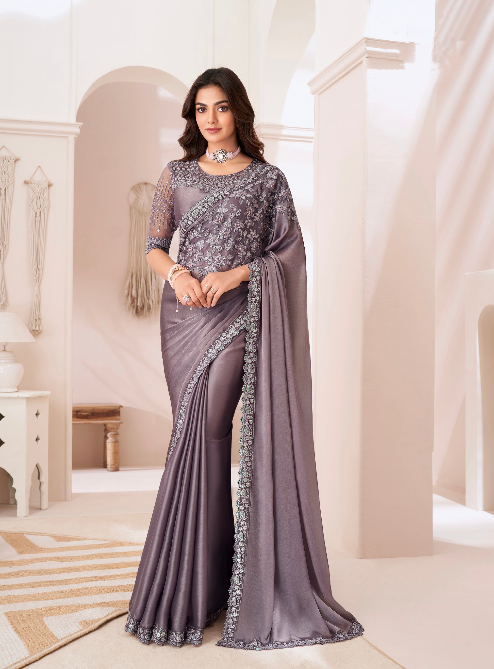 Lavender Golden Sparkle Satin Silk Saree with Satin Blouse