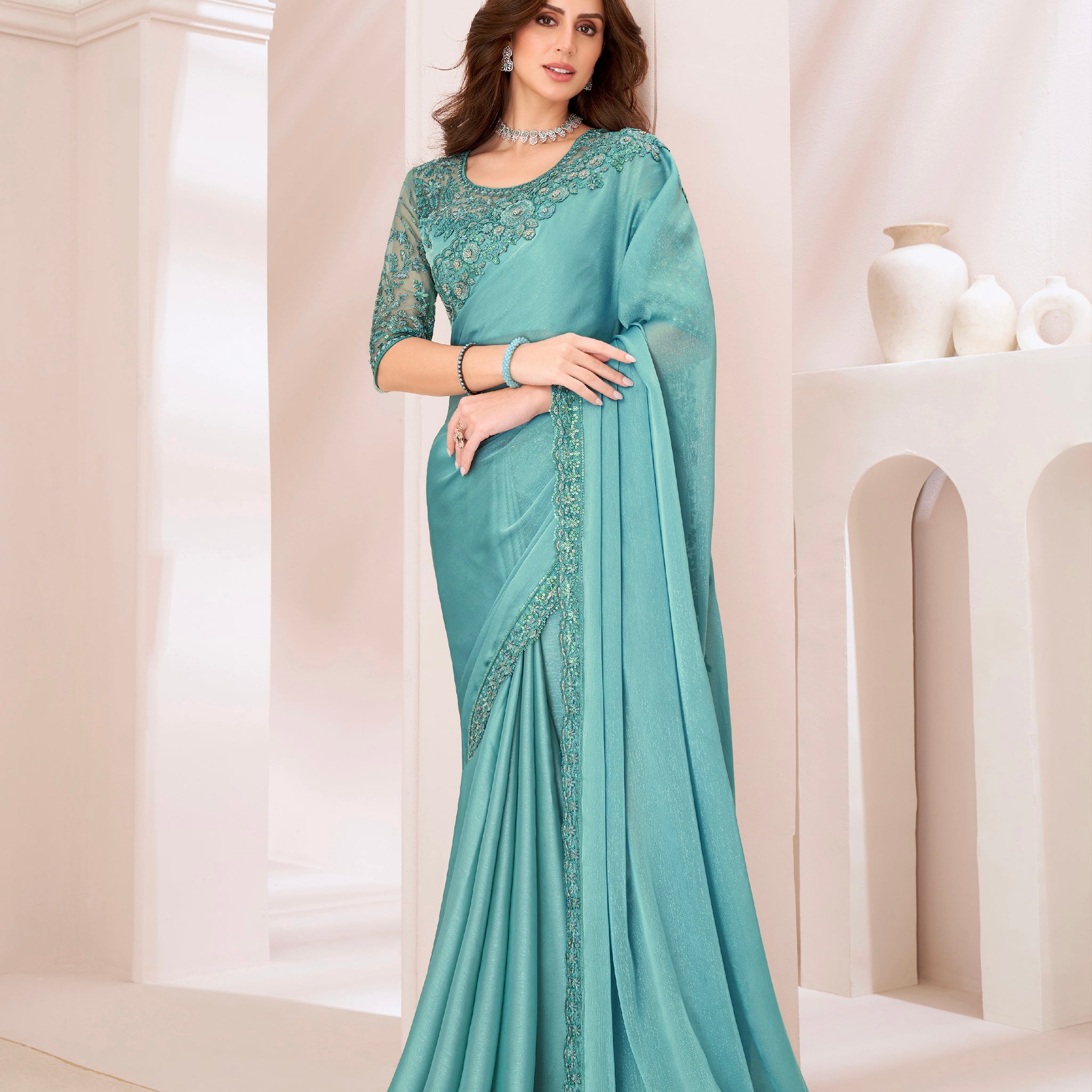 Mint Green Majestic Satin Georgette Saree with Banglori Silk Blouse