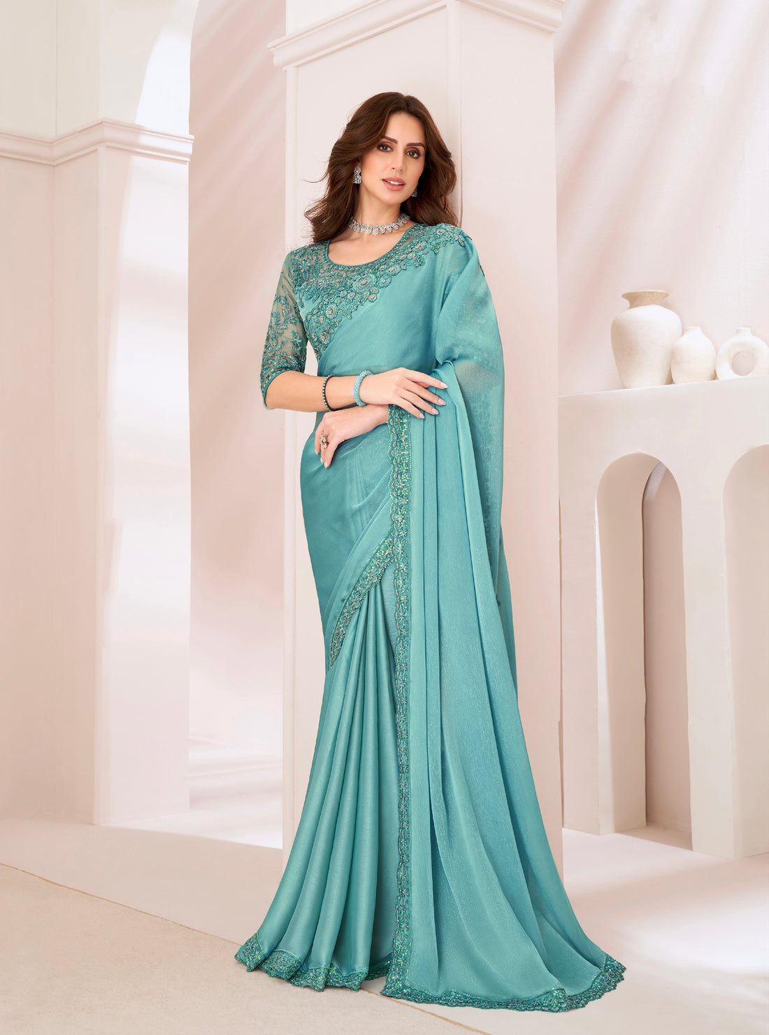 Mint Green Majestic Satin Georgette Saree with Banglori Silk Blouse