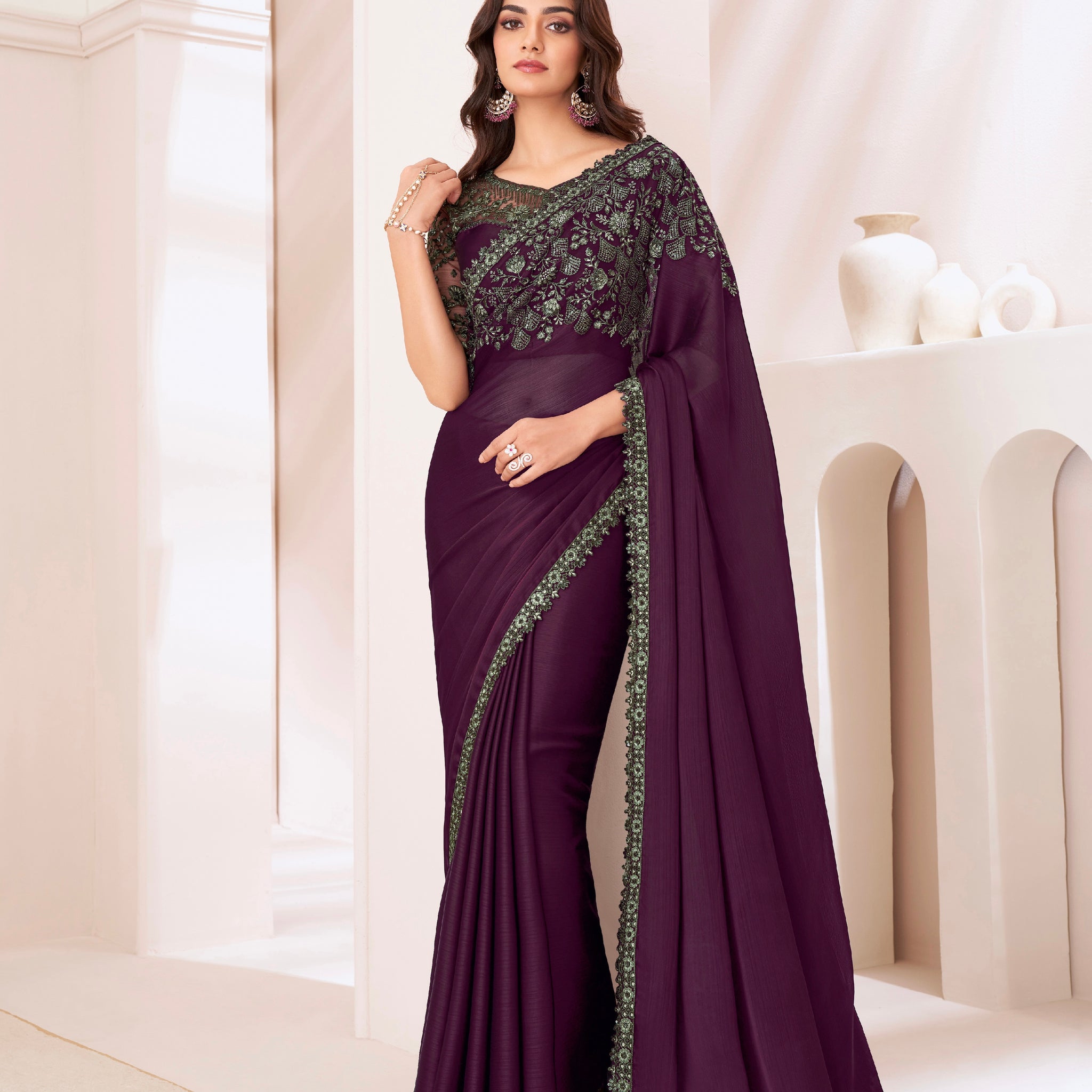 Deep Purple Cherry Satin Chiffon Saree with Satin Blouse