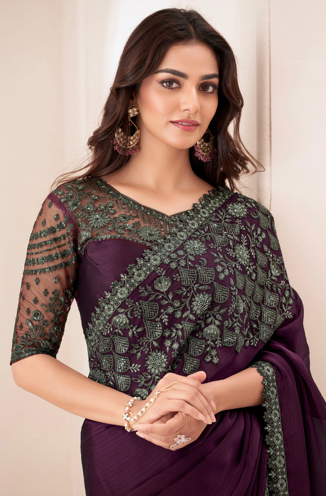 Deep Purple Cherry Satin Chiffon Saree with Satin Blouse